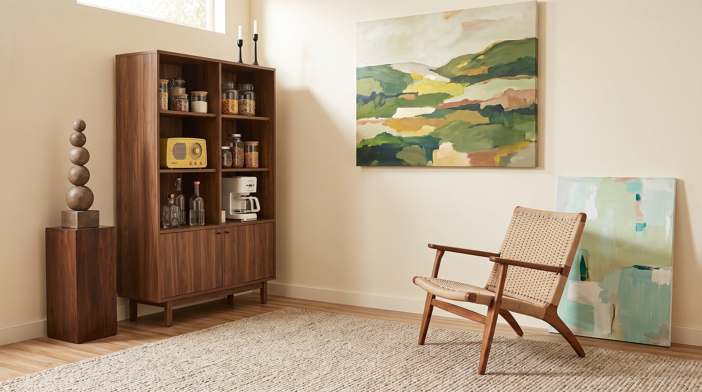 Burgundy Oak 1102-1 decorative surface applied to furniture and flooring in a modern interior