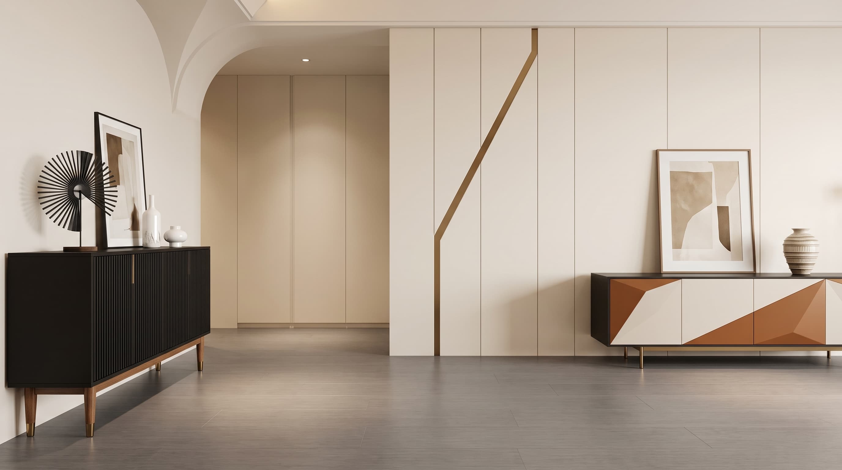 Toledo Oak 1103-2 decorative surface applied to furniture and flooring in a calm modern interior