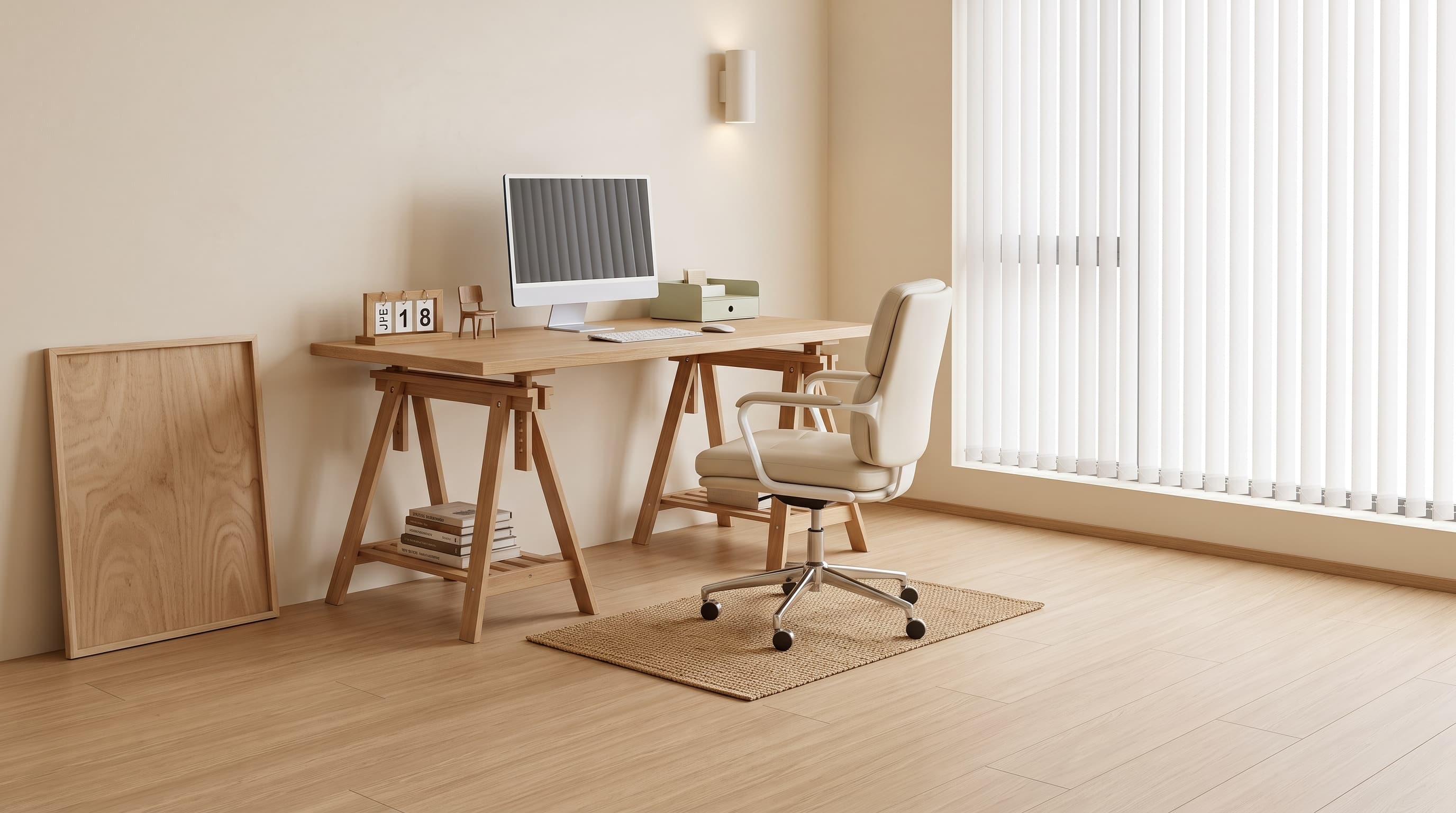 Light Edensor Oak straight grain applied to furniture panels and flooring in a calm, bright minimalist interior