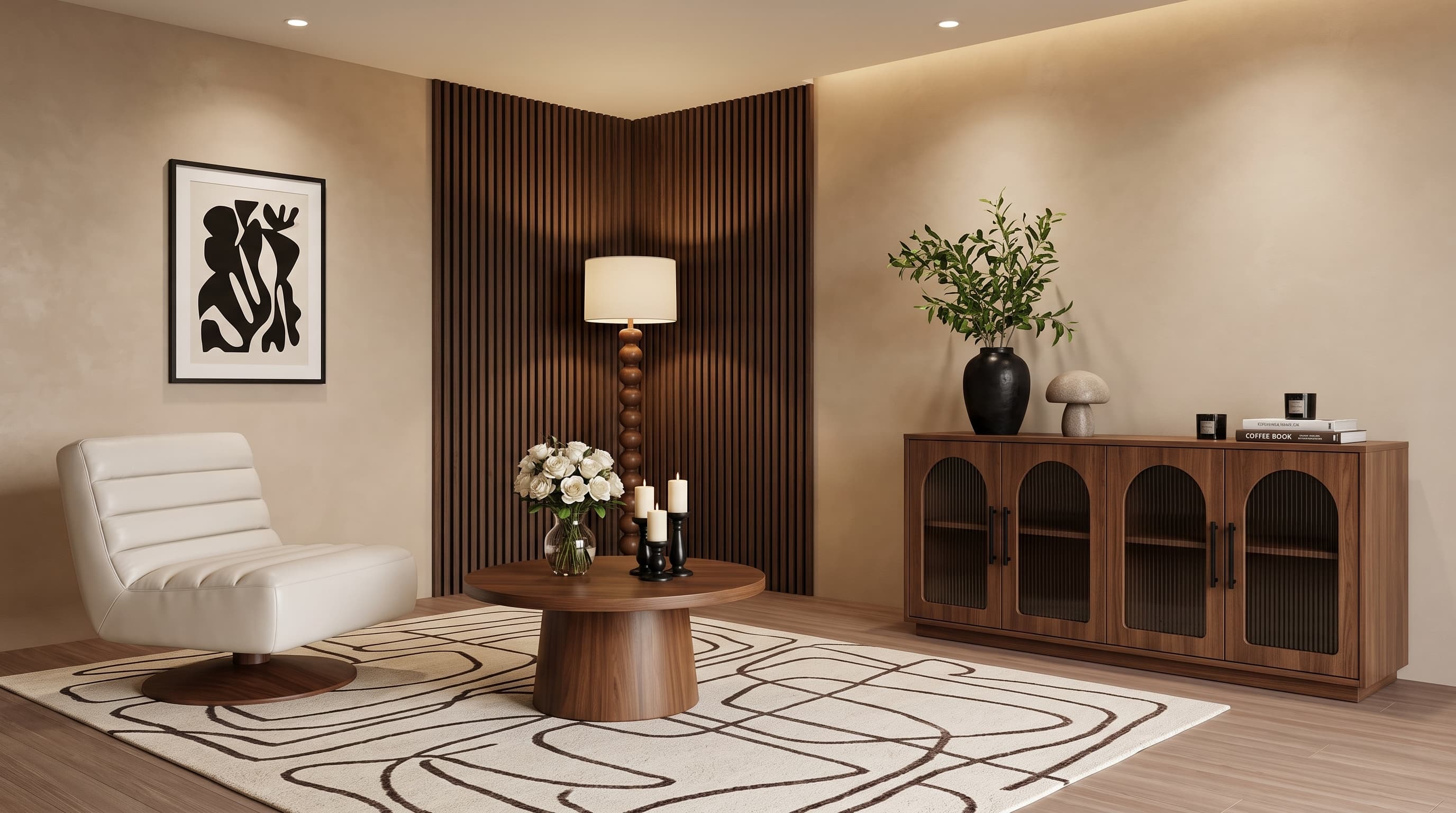 Light Edensor Oak straight grain applied to furniture panels and flooring in a calm, bright minimalist interior