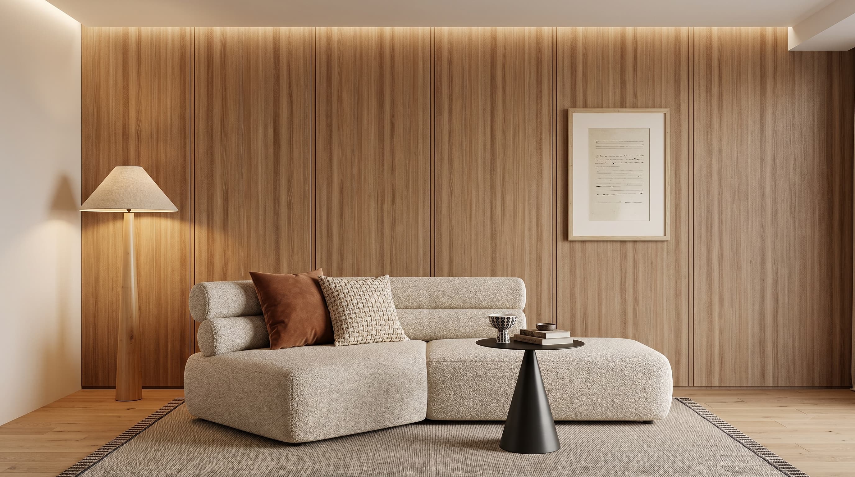 Burgundy Oak 1102-1 decorative surface applied to furniture and flooring in a modern interior