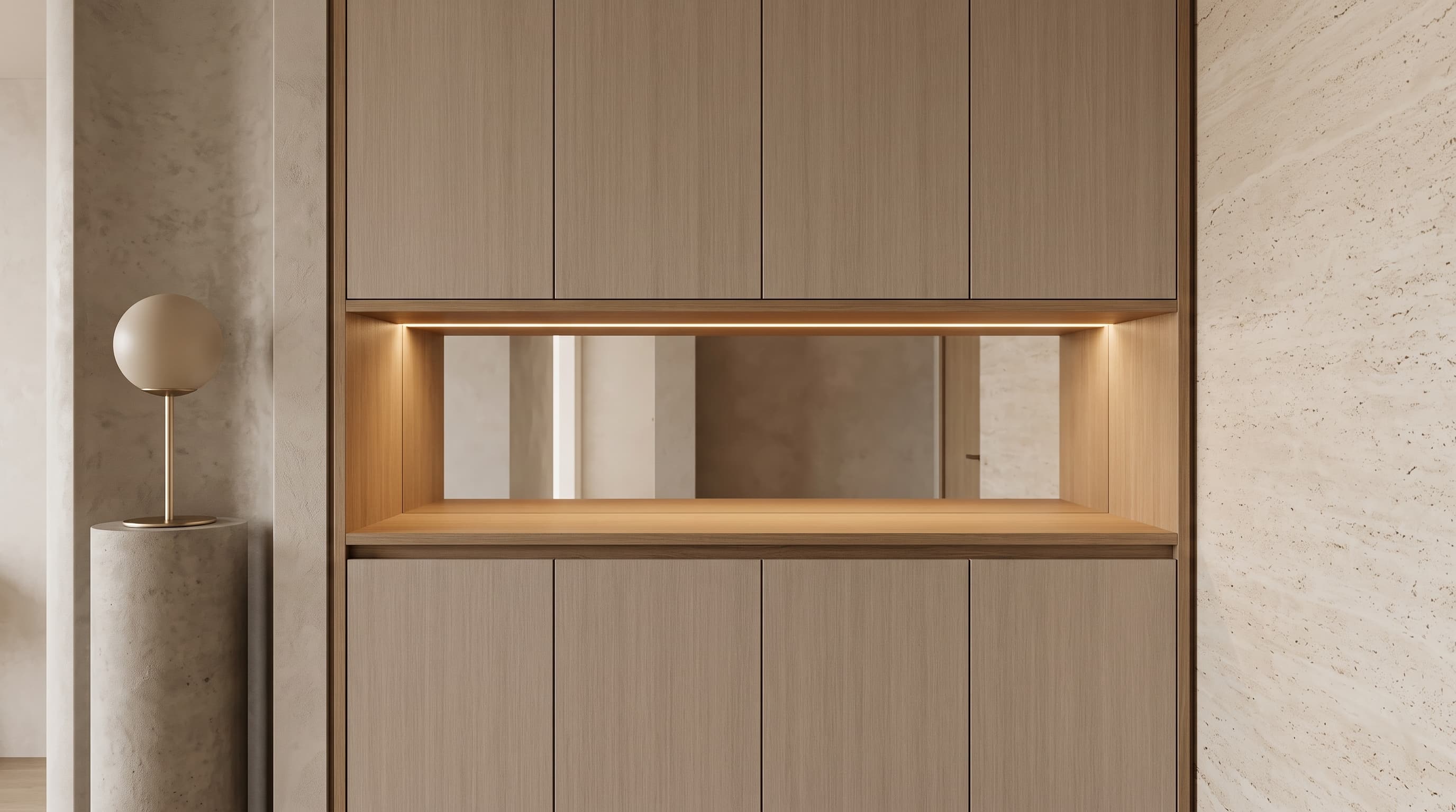 Toledo Oak 1103-2 decorative surface applied to furniture and flooring in a calm modern interior