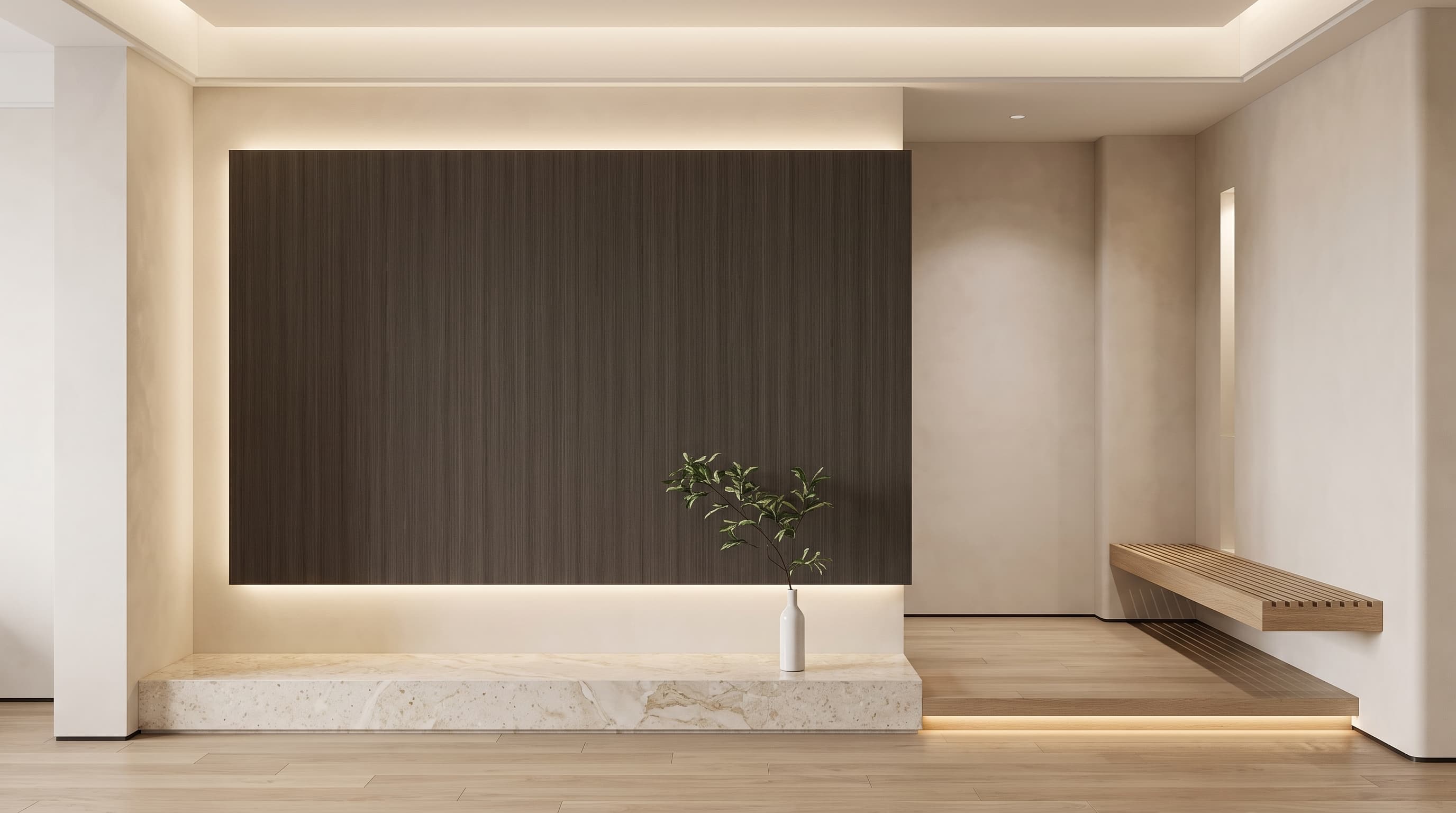 Dark olive-taupe Ayous straight grain applied to furniture panels and flooring in a refined minimalist interior