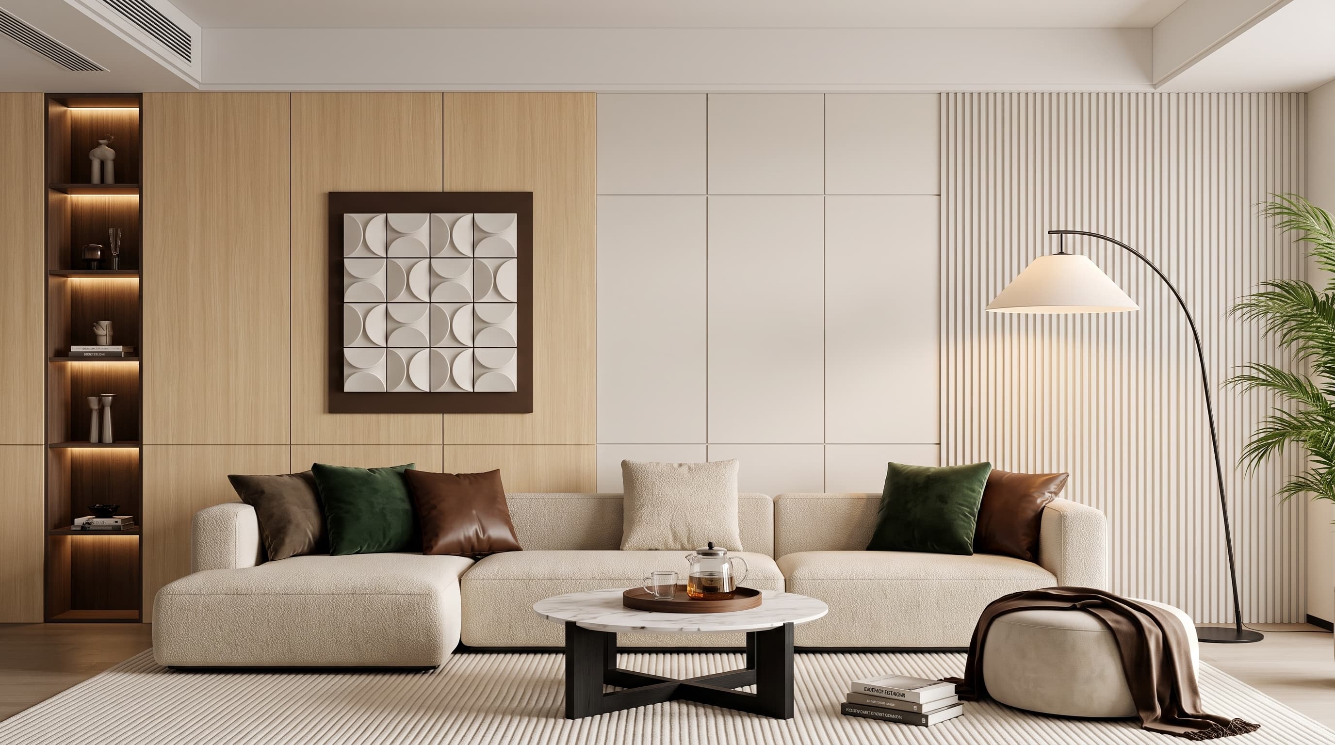 Light Edensor Oak straight grain applied to furniture panels and flooring in a calm, bright minimalist interior