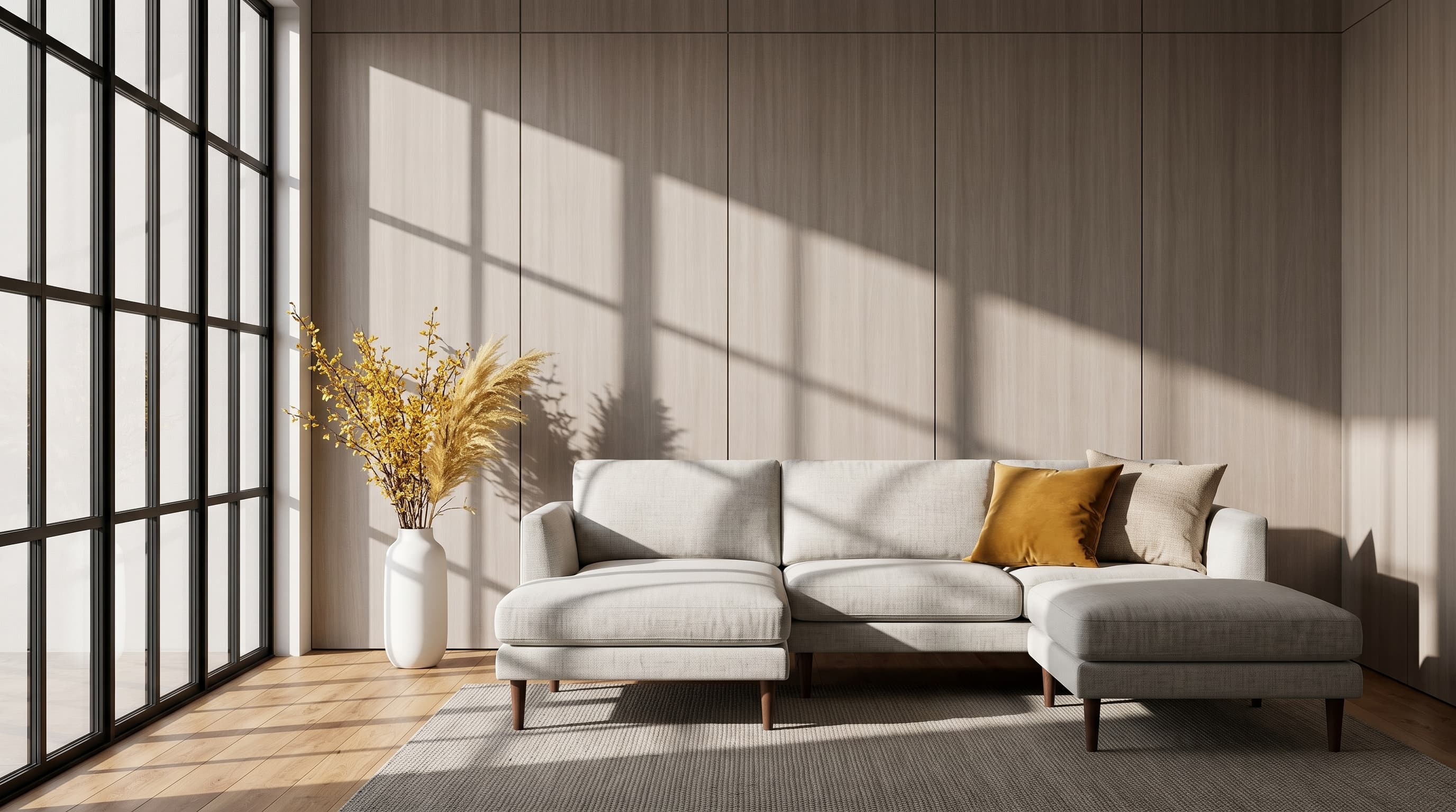 Roland Garros Oak straight grain applied to furniture panels and flooring in a calm, light-toned minimalist interior