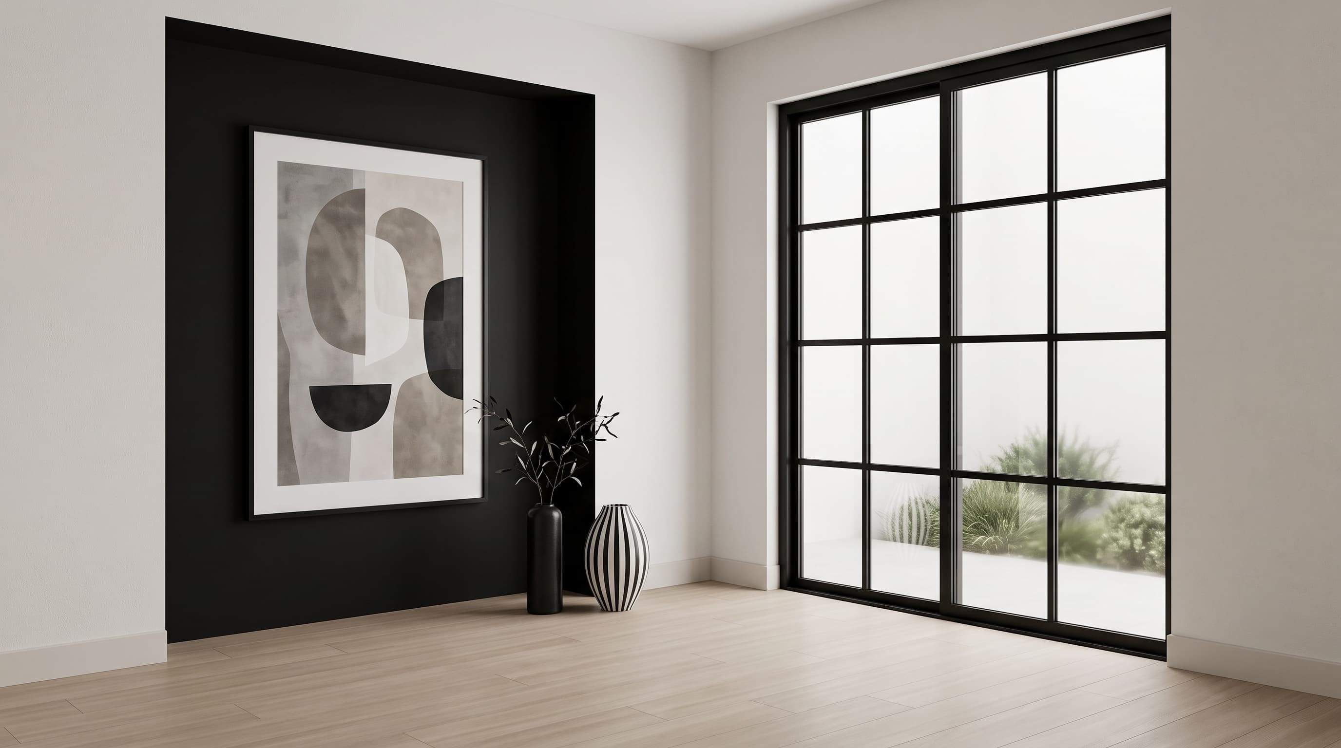 Roland Garros Oak straight grain applied to furniture panels and flooring in a calm, light-toned minimalist interior
