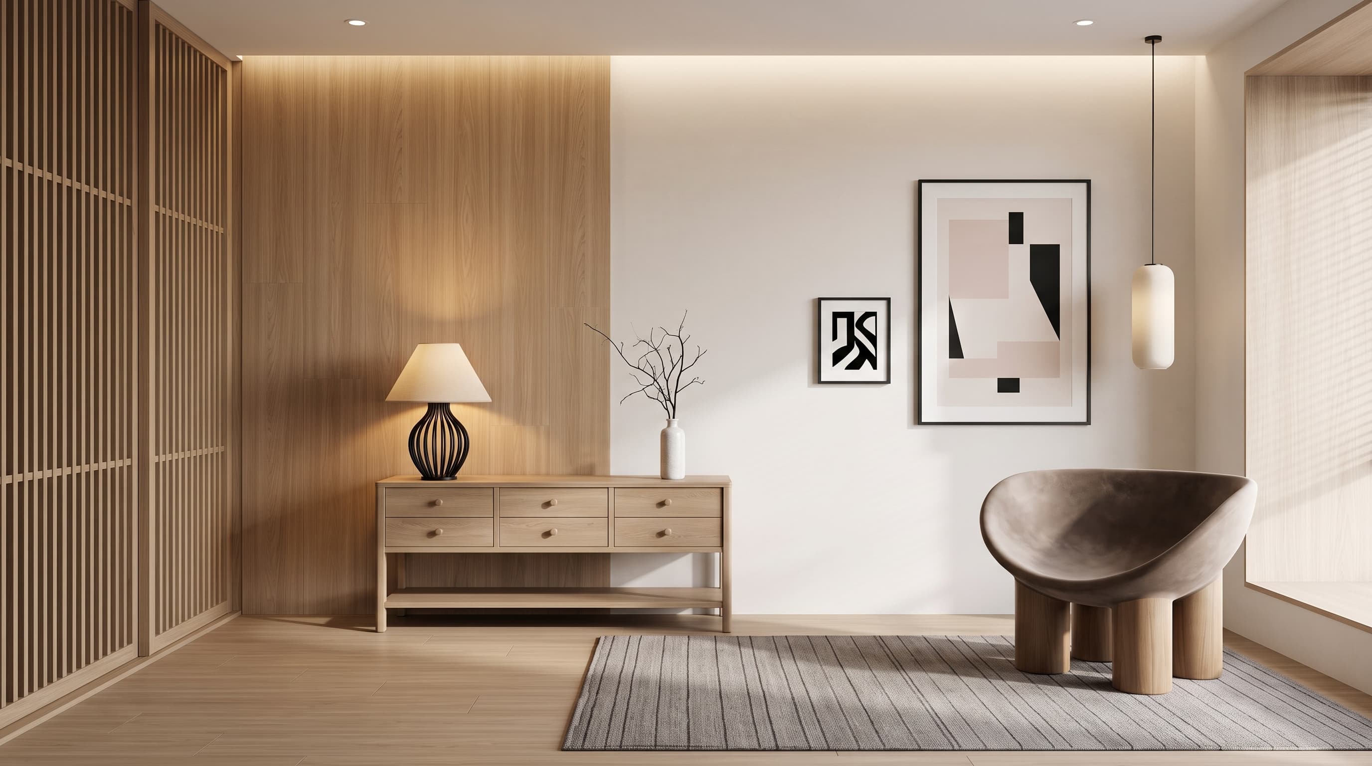 Fontainebleau Oak straight and cathedral grain applied to furniture panels and flooring in an elegant minimalist interior