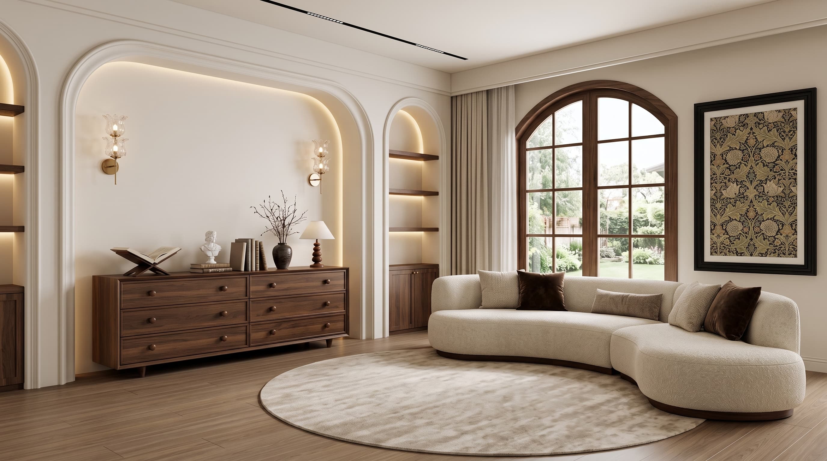 Fontainebleau Oak straight and cathedral grain applied to furniture panels and flooring in an elegant minimalist interior