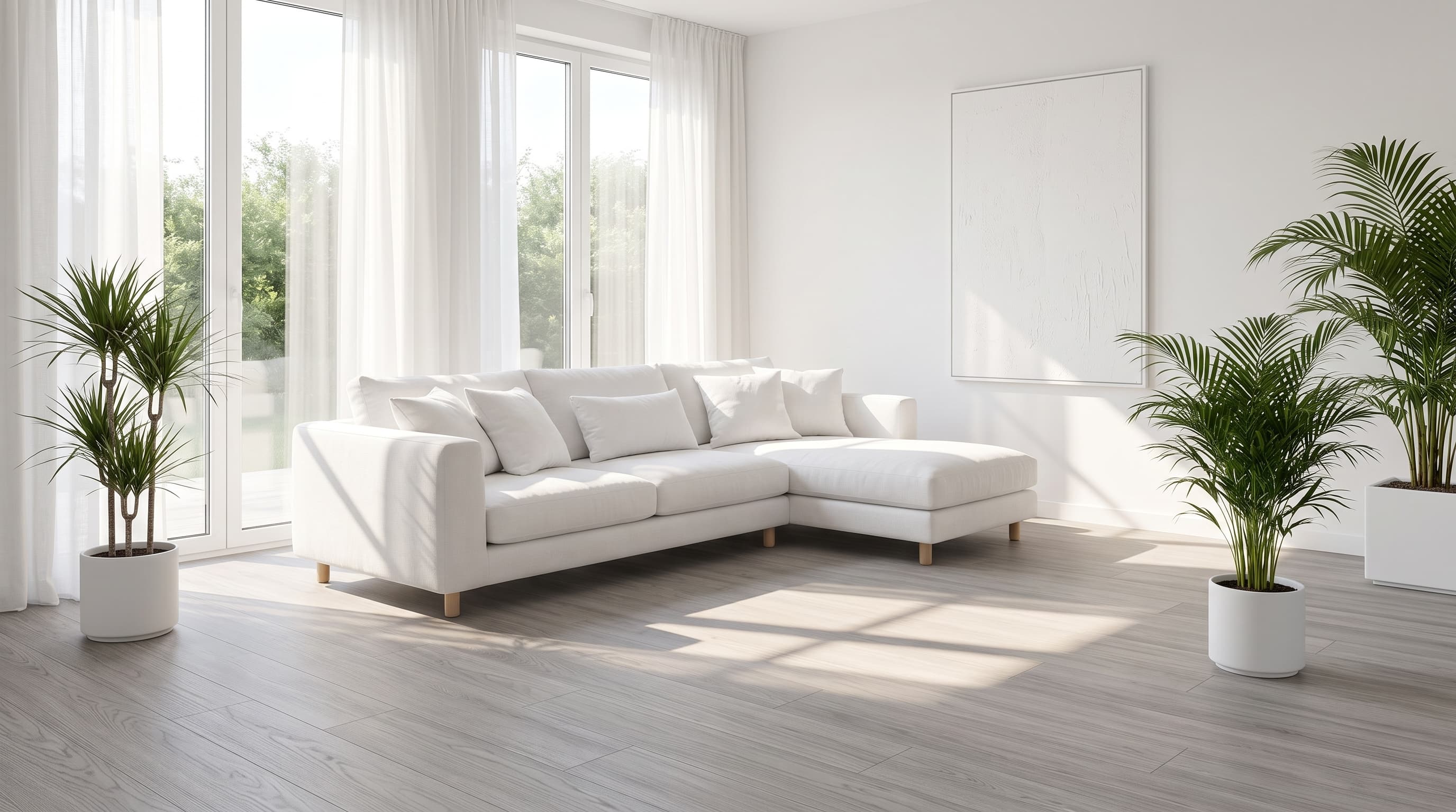 Silver-grey Shaohua Oak flooring in a bright modern interior with soft neutral furniture and natural daylight