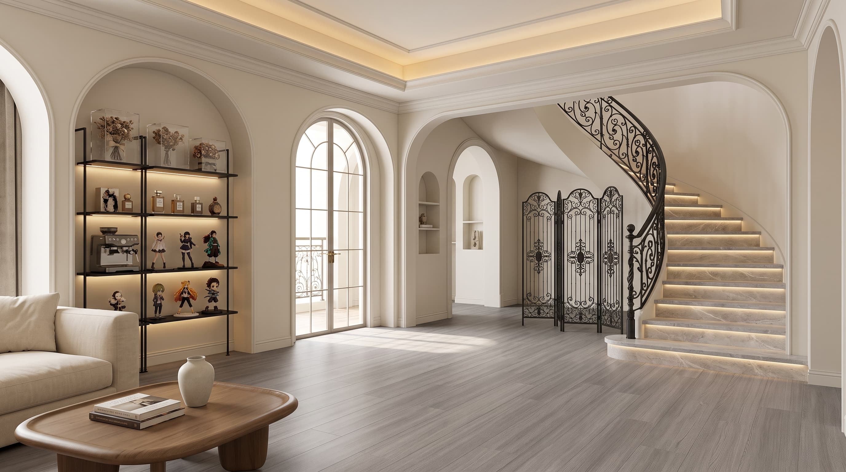 Light-grey Murphys Oak surfaces applied to furniture and flooring in a calm, minimalist modern interior