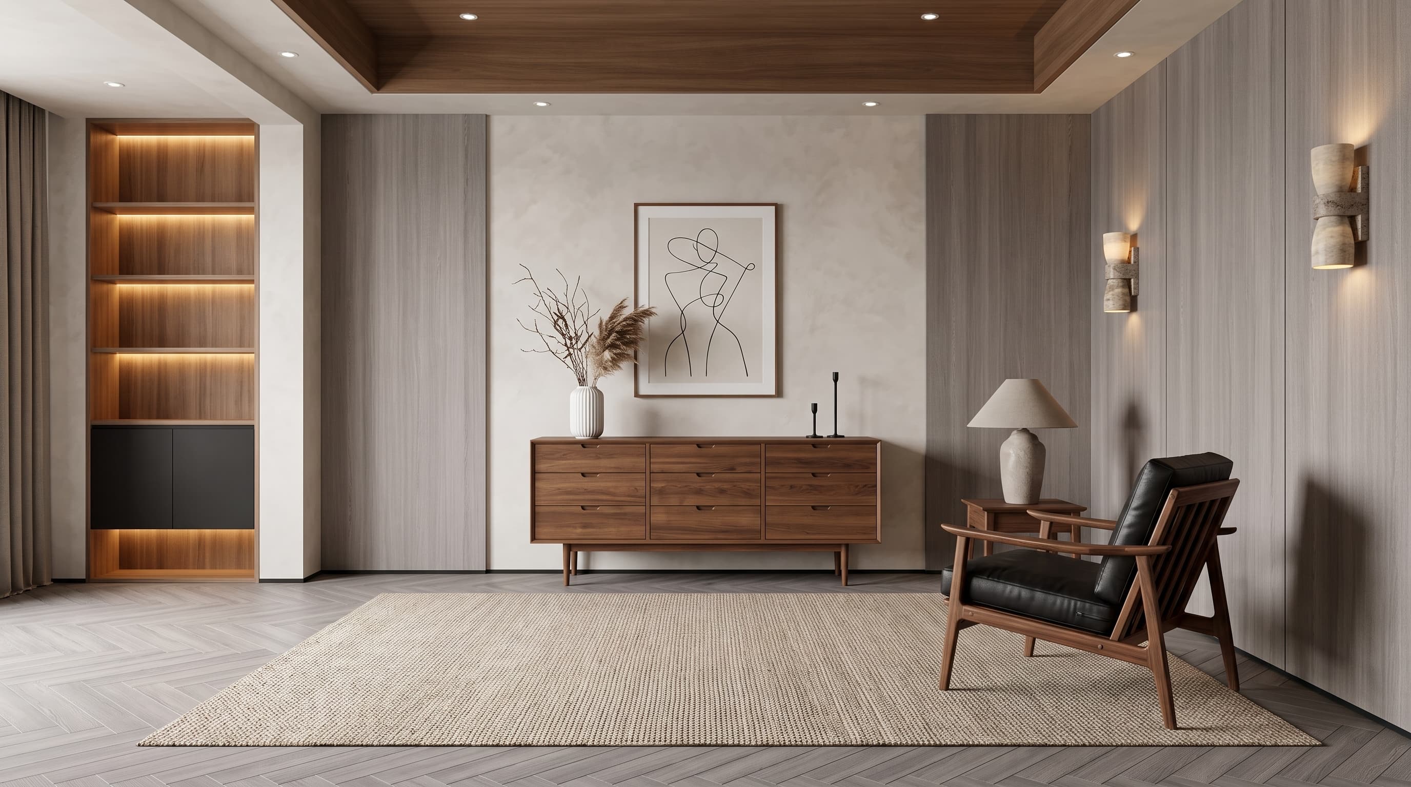 Light-grey Murphys Oak surfaces applied to furniture and flooring in a calm, minimalist modern interior