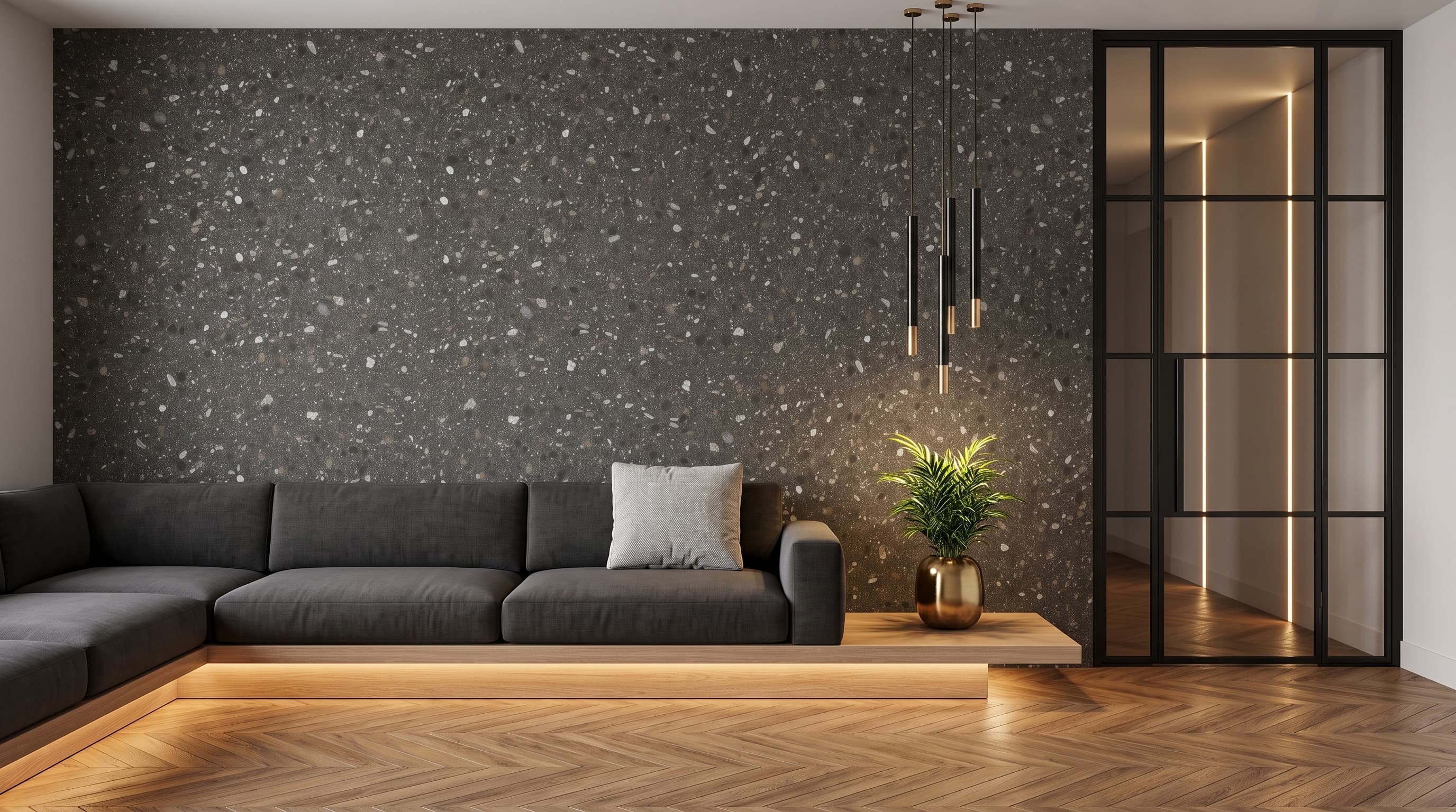 Dark Monaco Terrazzo surfaces applied to furniture and flooring in a sophisticated contemporary interior
