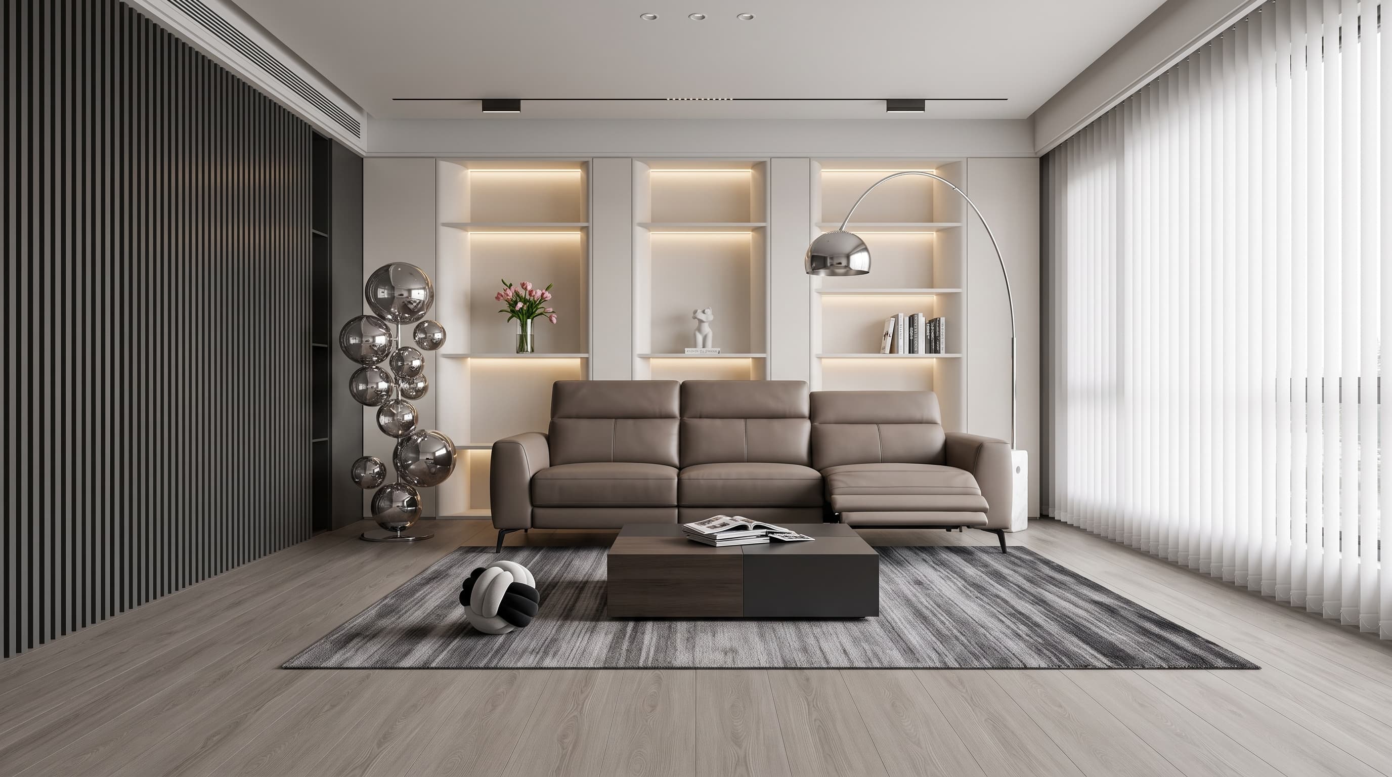 Grey-beige Charles Oak flooring with delicate grain and natural knots in a calm contemporary interior