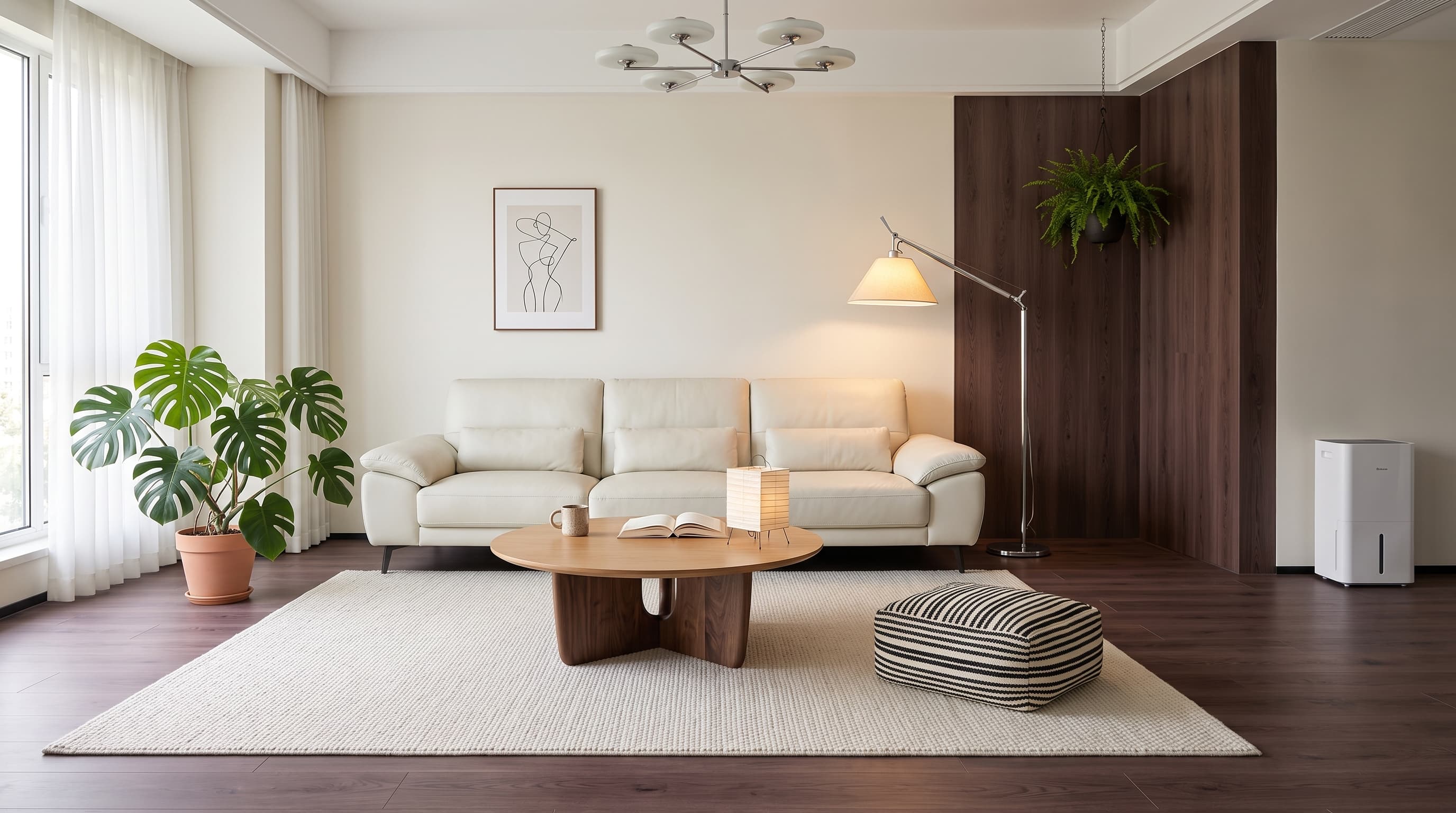 Dark walnut-brown Tuscan Oak flooring with refined grain and subtle knots in an elegant modern interior