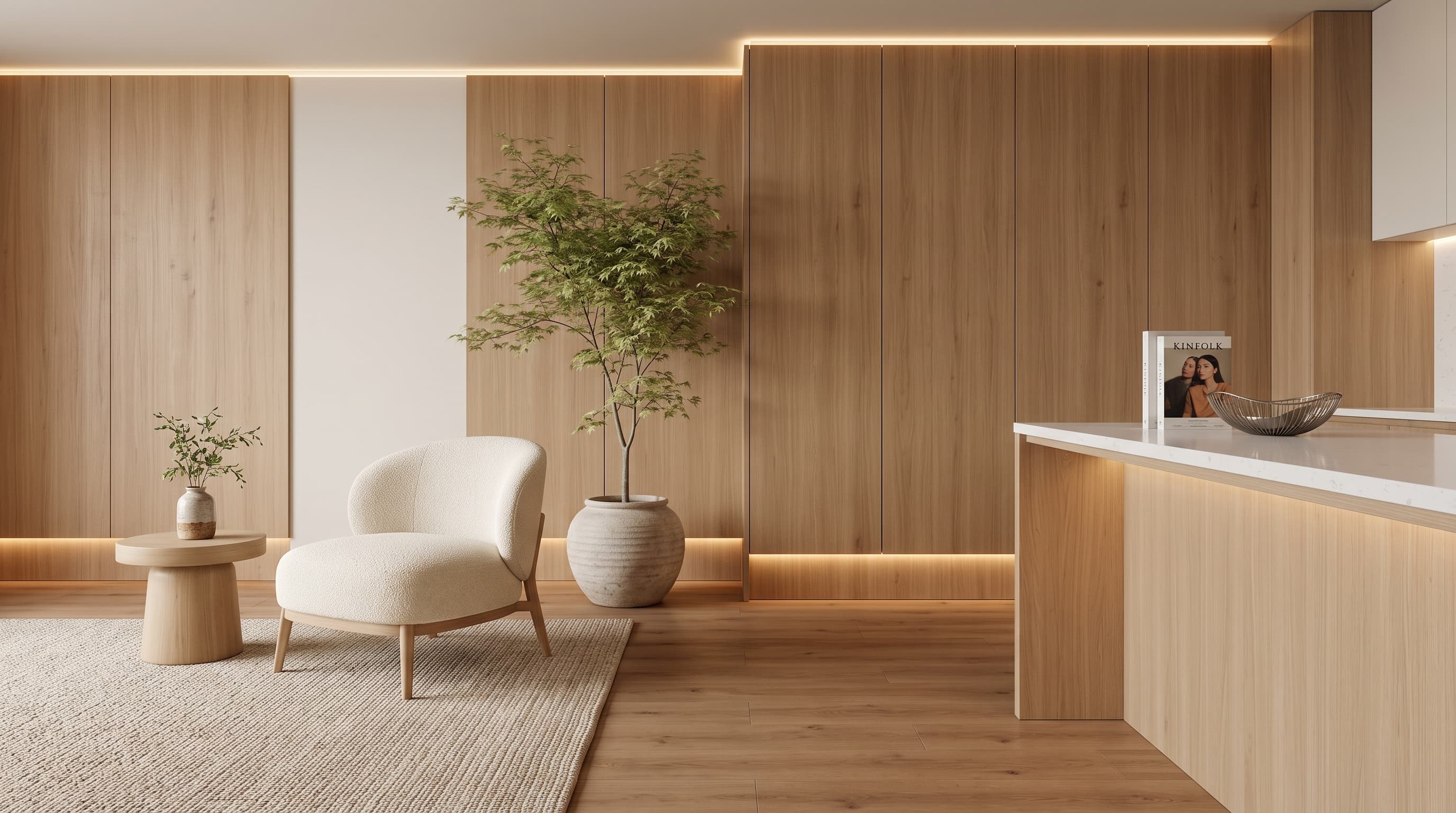 Caramel-brown Queensland Oak flooring with fine grain and subtle knots in a warm contemporary living space