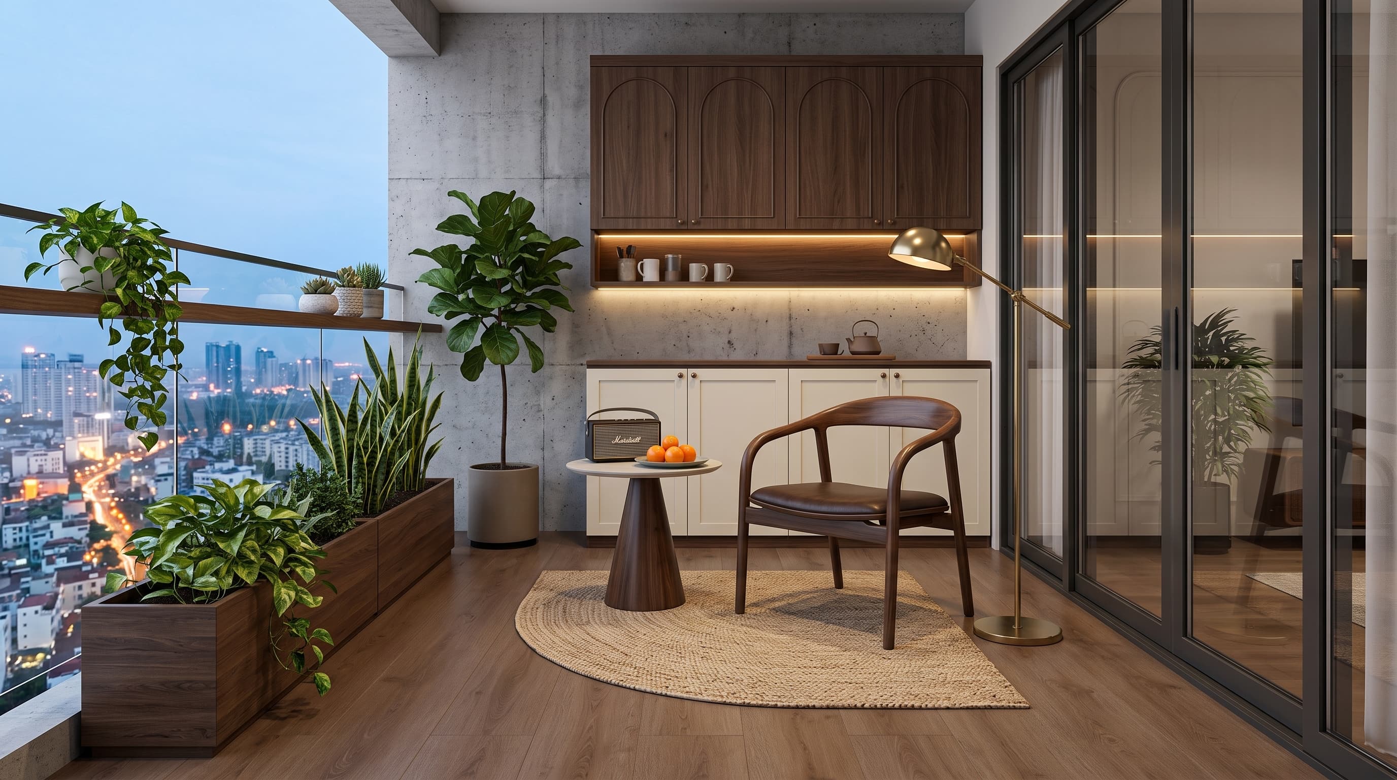 Smoky brown Queensland Oak flooring with refined grain and natural knots in a calm sophisticated interior