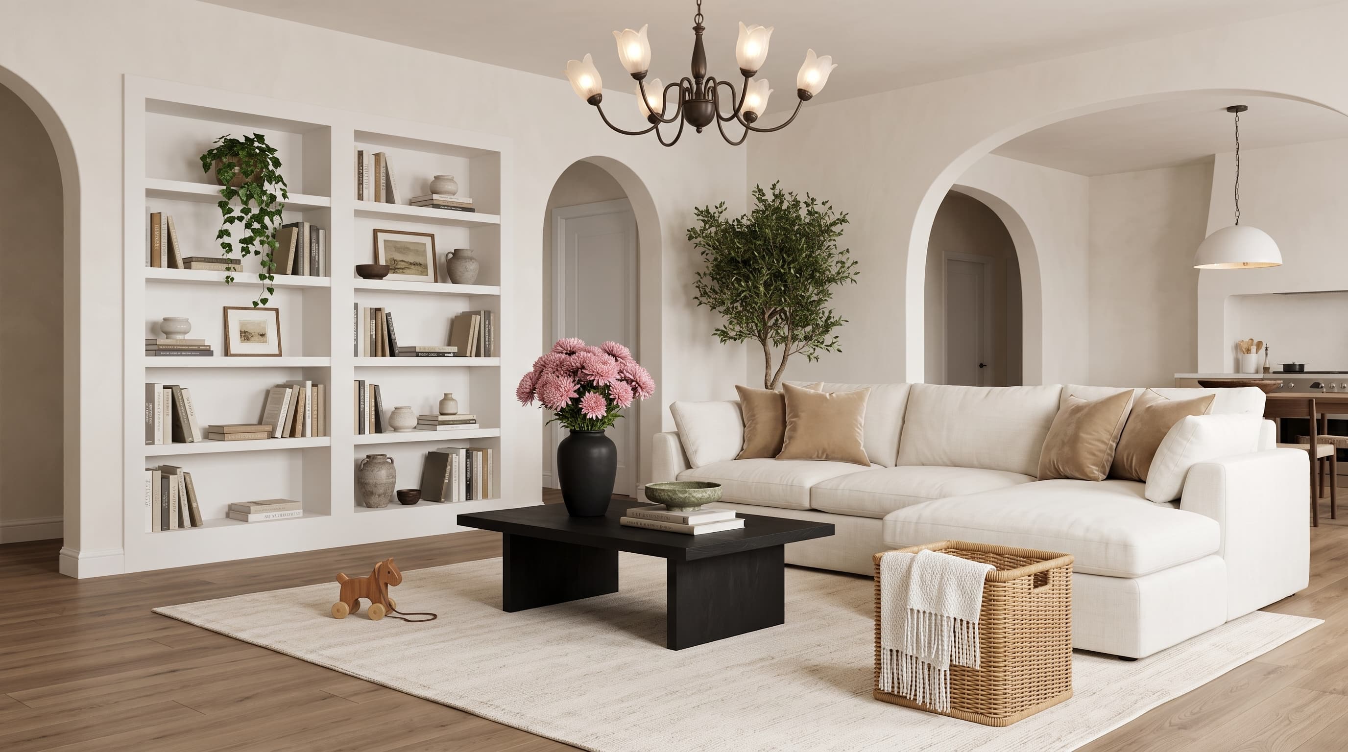Greige-brown Yunqi Oak flooring with refined grain and natural knots in a calm minimalist interior