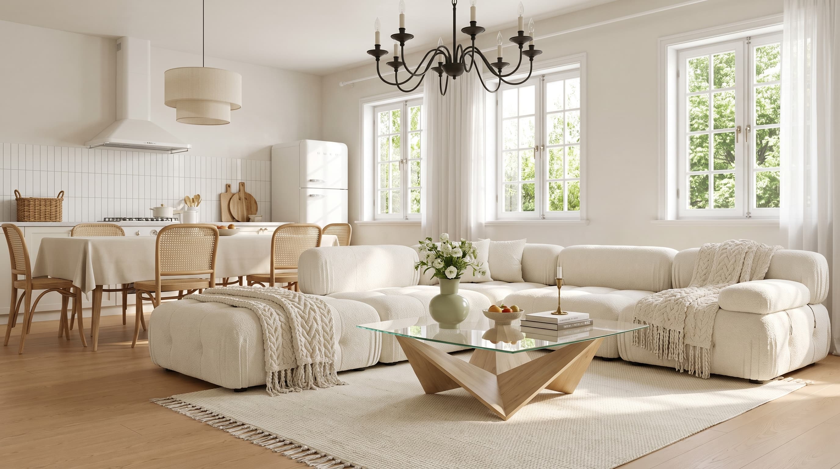 Warm honey-beige Dawn Veil Oak flooring with flowing natural grain in a bright contemporary living space