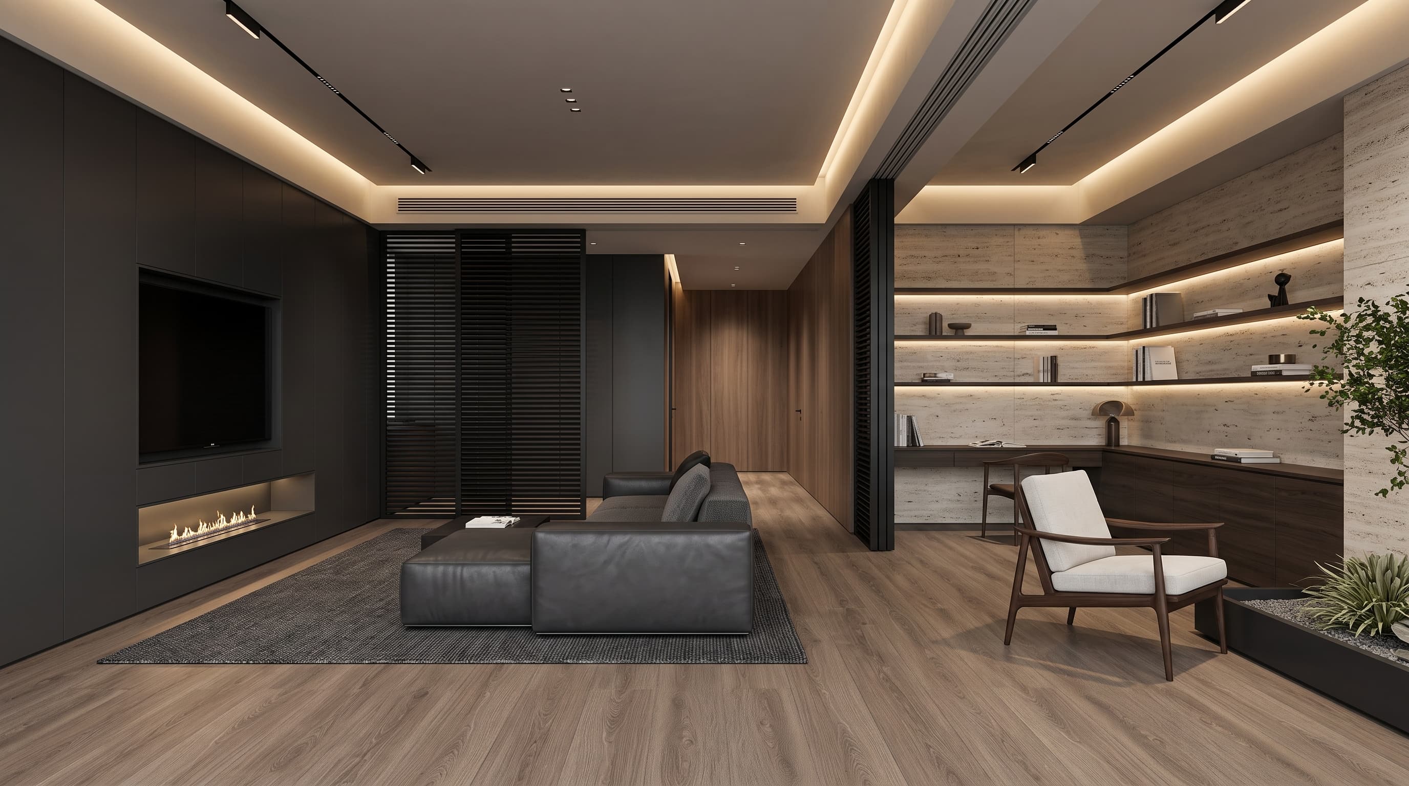 Deep walnut-brown Copenhagen Oak flooring with subtle knots and flowing grain in a warm contemporary living space