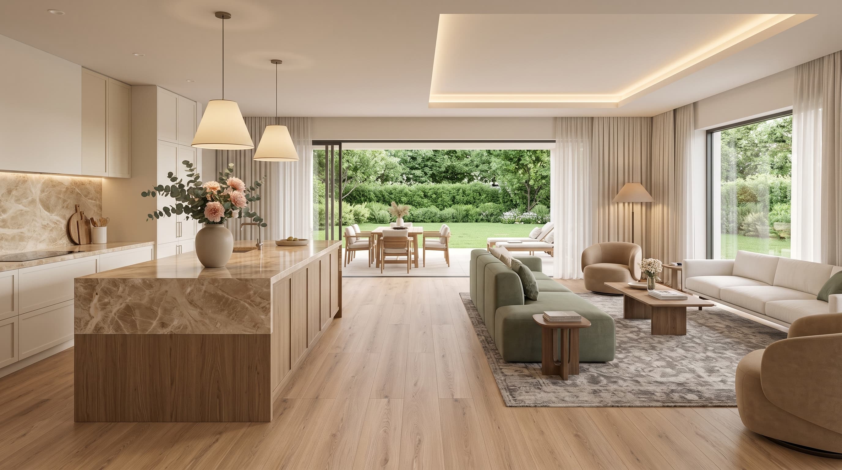 Pale sand-beige Arden Oak flooring with soft natural grain in a bright, calm contemporary interior
