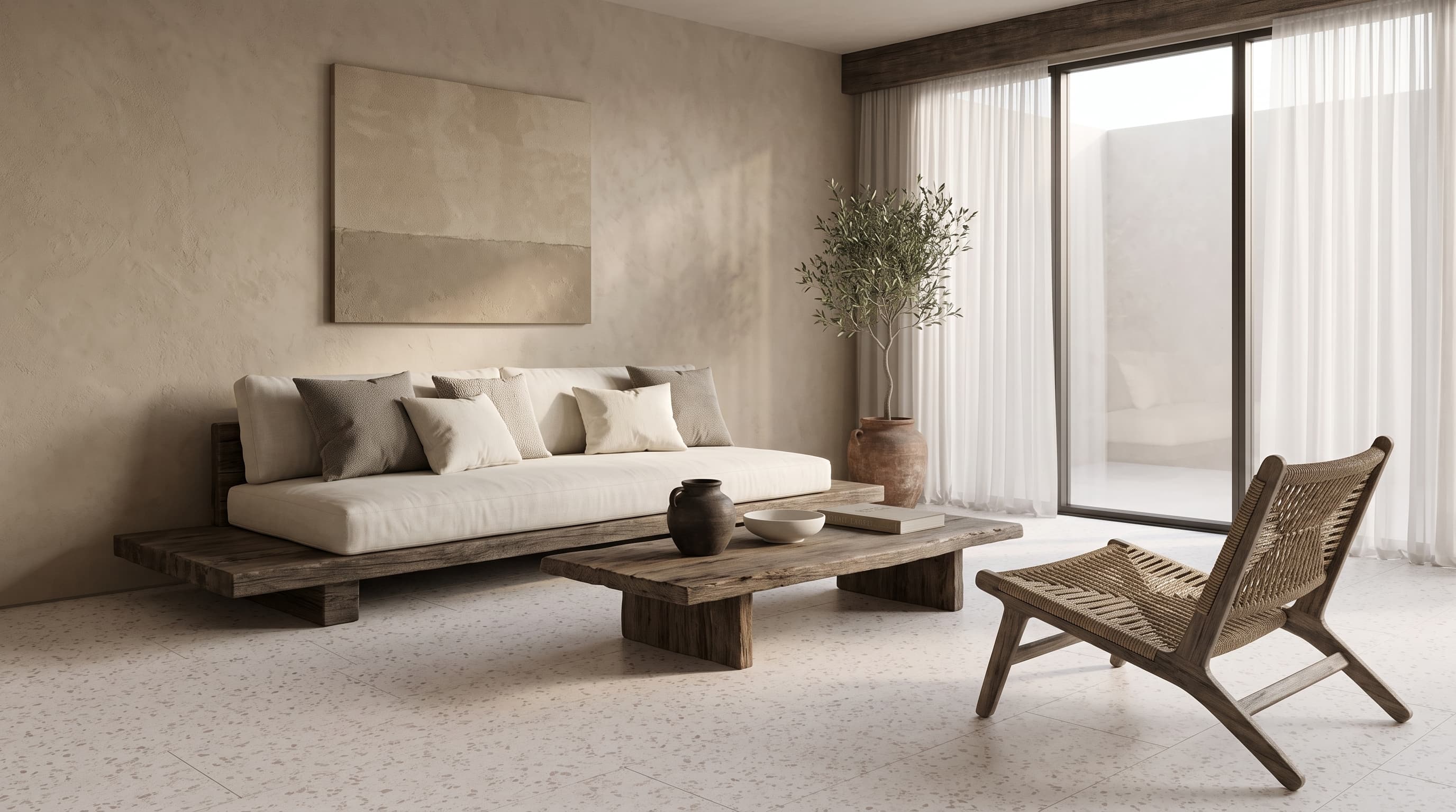 Saint Laurent Terrazzo surfaces applied to furniture and flooring in a bright, elegant contemporary interior