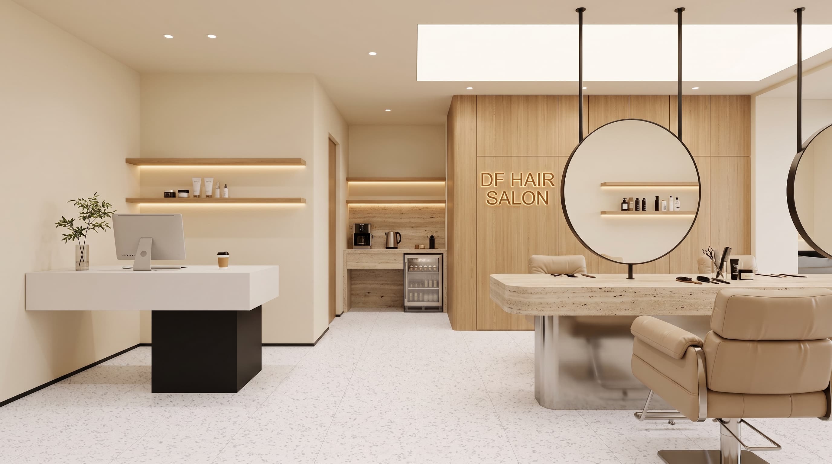 Saint Laurent Terrazzo surfaces applied to furniture and flooring in a bright, elegant contemporary interior