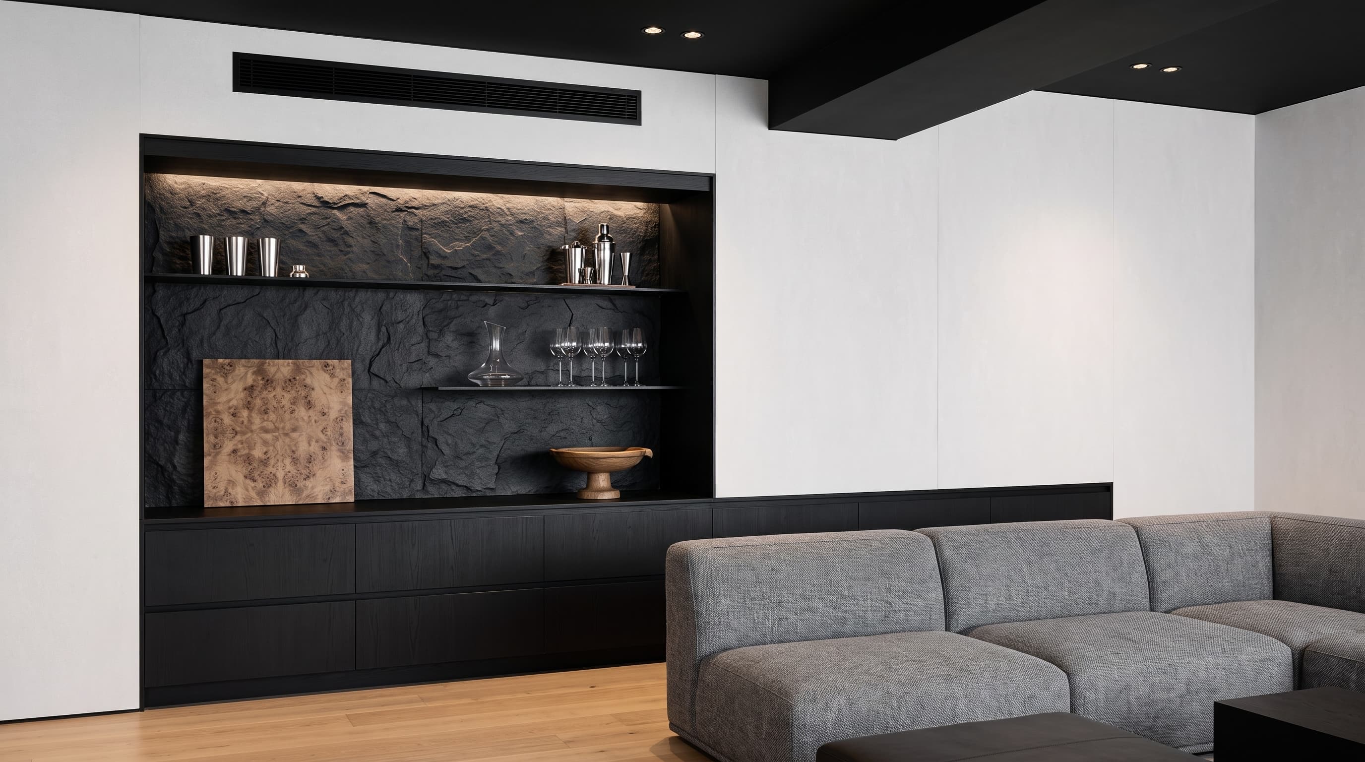 Medium-grey Weald Cement Pattern surfaces in a calm contemporary interior with restrained industrial styling