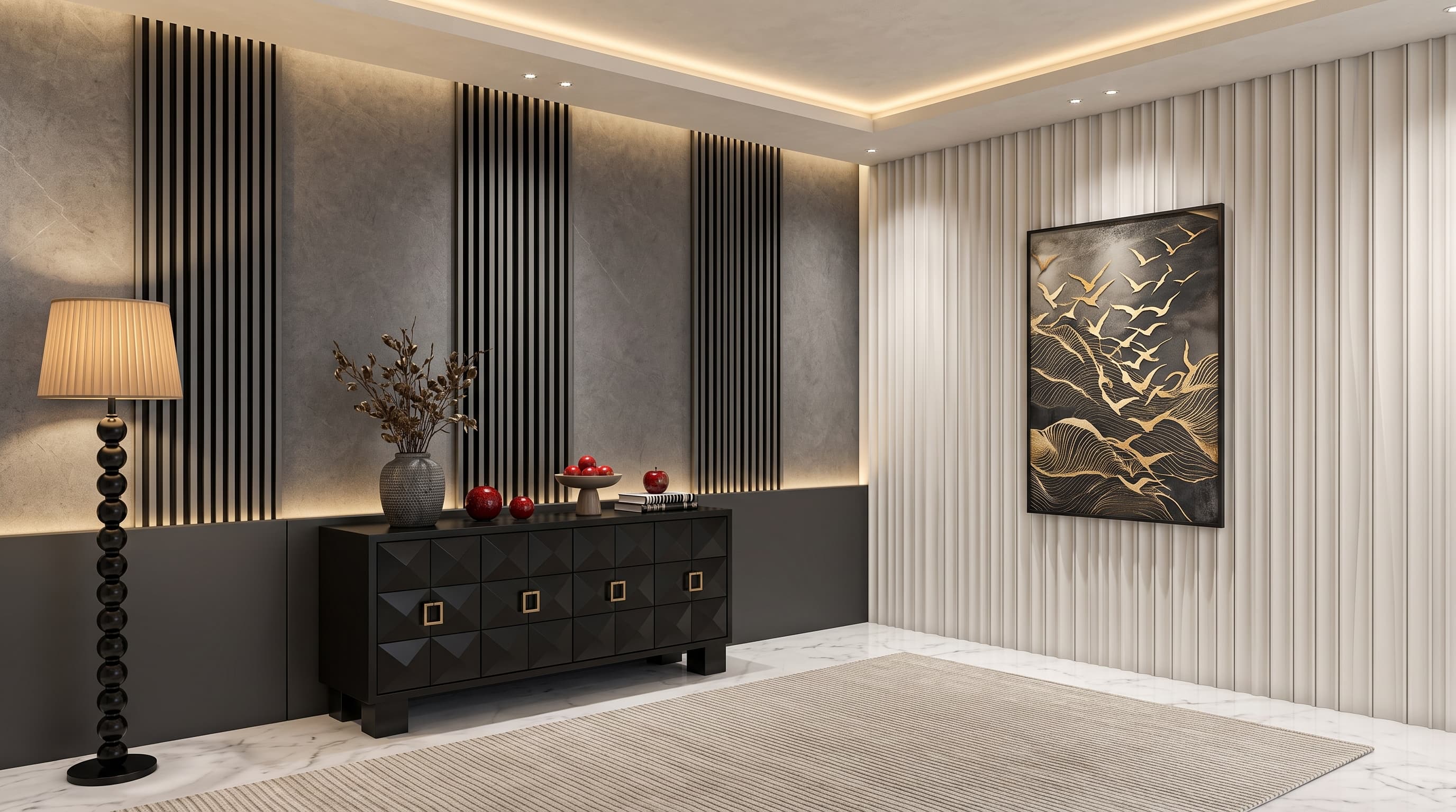Deep graphite-grey Socotra Marble flooring with subtle white veins in a sophisticated contemporary architectural interior