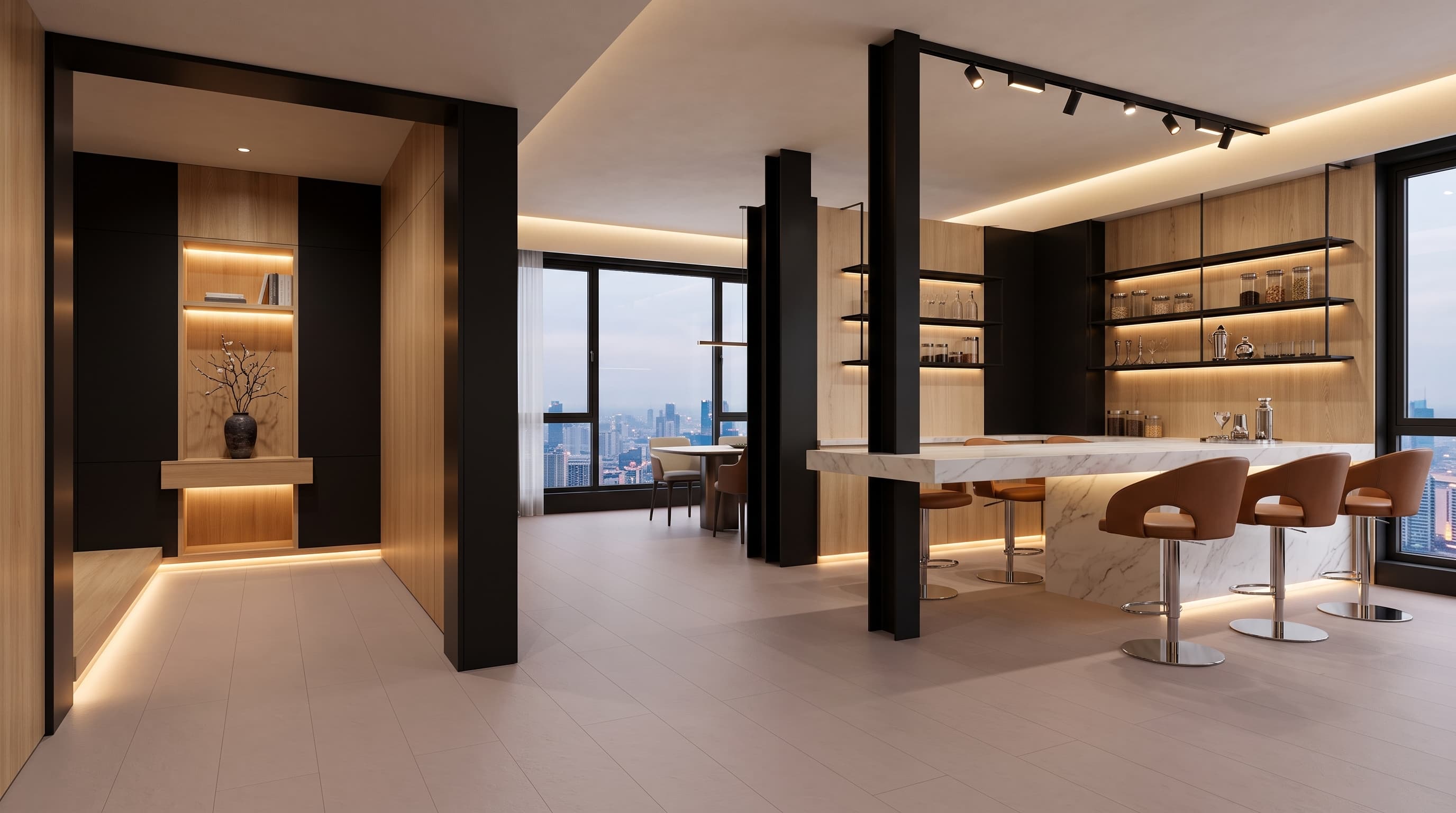 Warm blush-beige Nude Cement flooring and furniture surfaces in a soft minimalist interior with natural light
