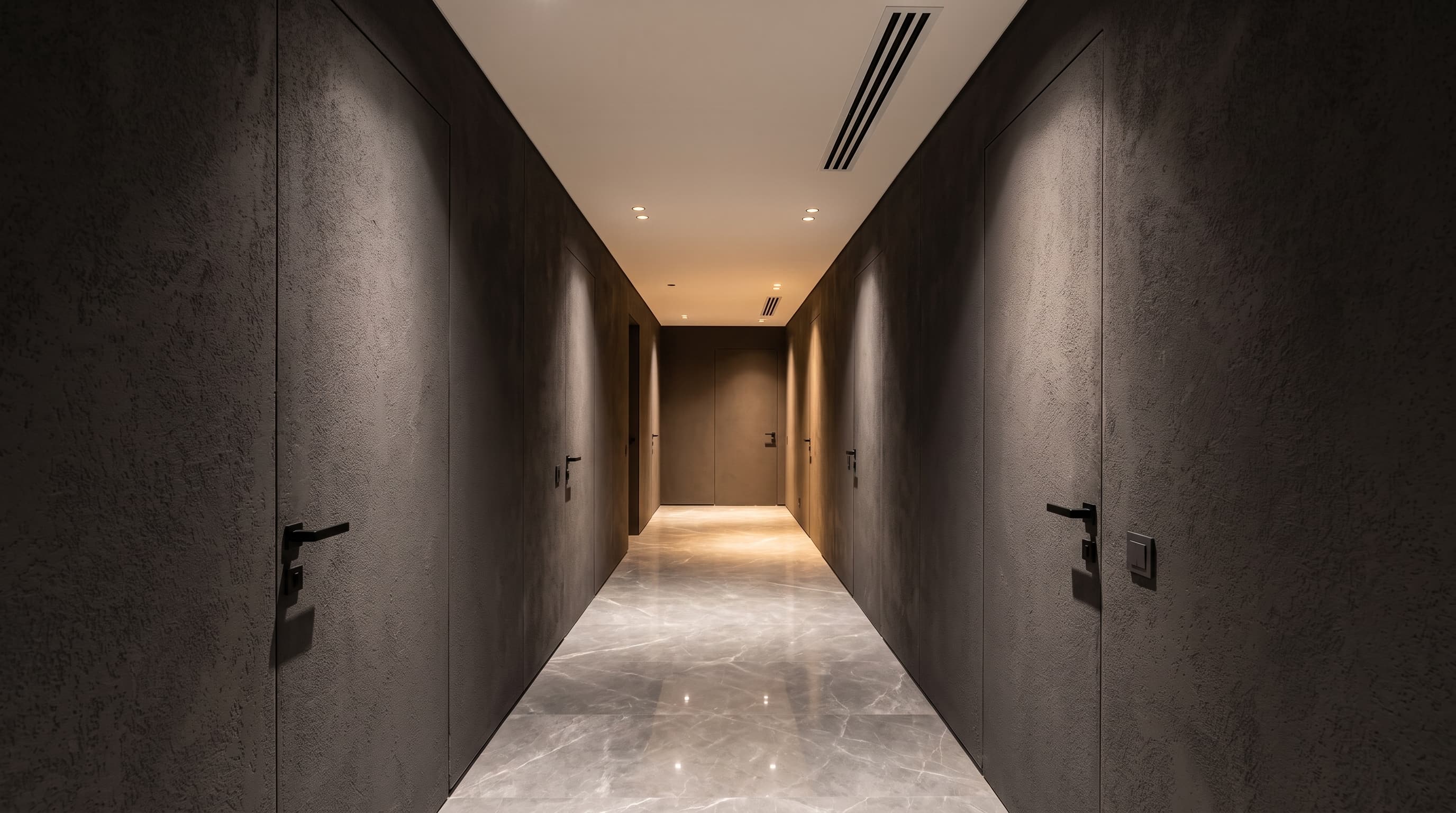 Taupe-grey Nude Cement surfaces applied to furniture and flooring in a calm contemporary interior with restrained neutral styling