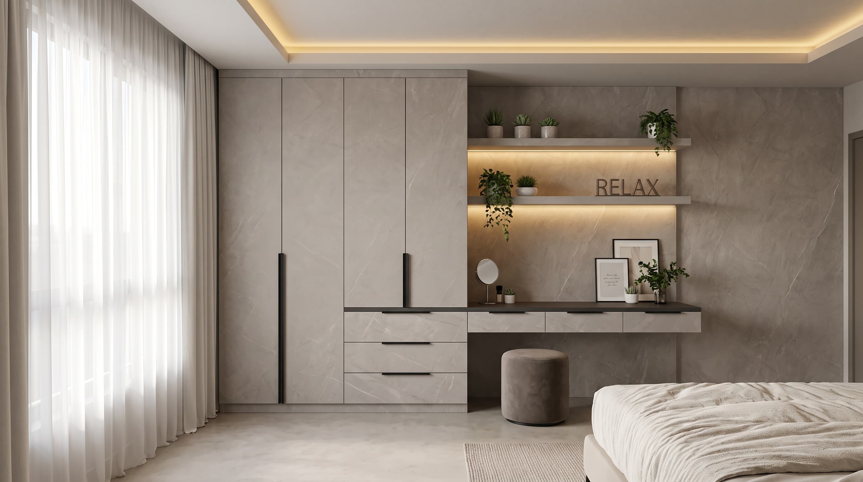 Warm greige Ethereal Marble flooring and furniture surfaces creating a bright, elegant contemporary interior