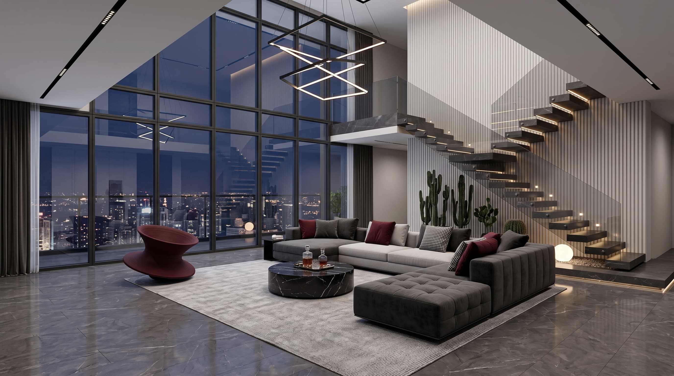 Deep smoky grey Ethereal Marble flooring and furniture surfaces creating a sophisticated modern interior with dramatic depth
