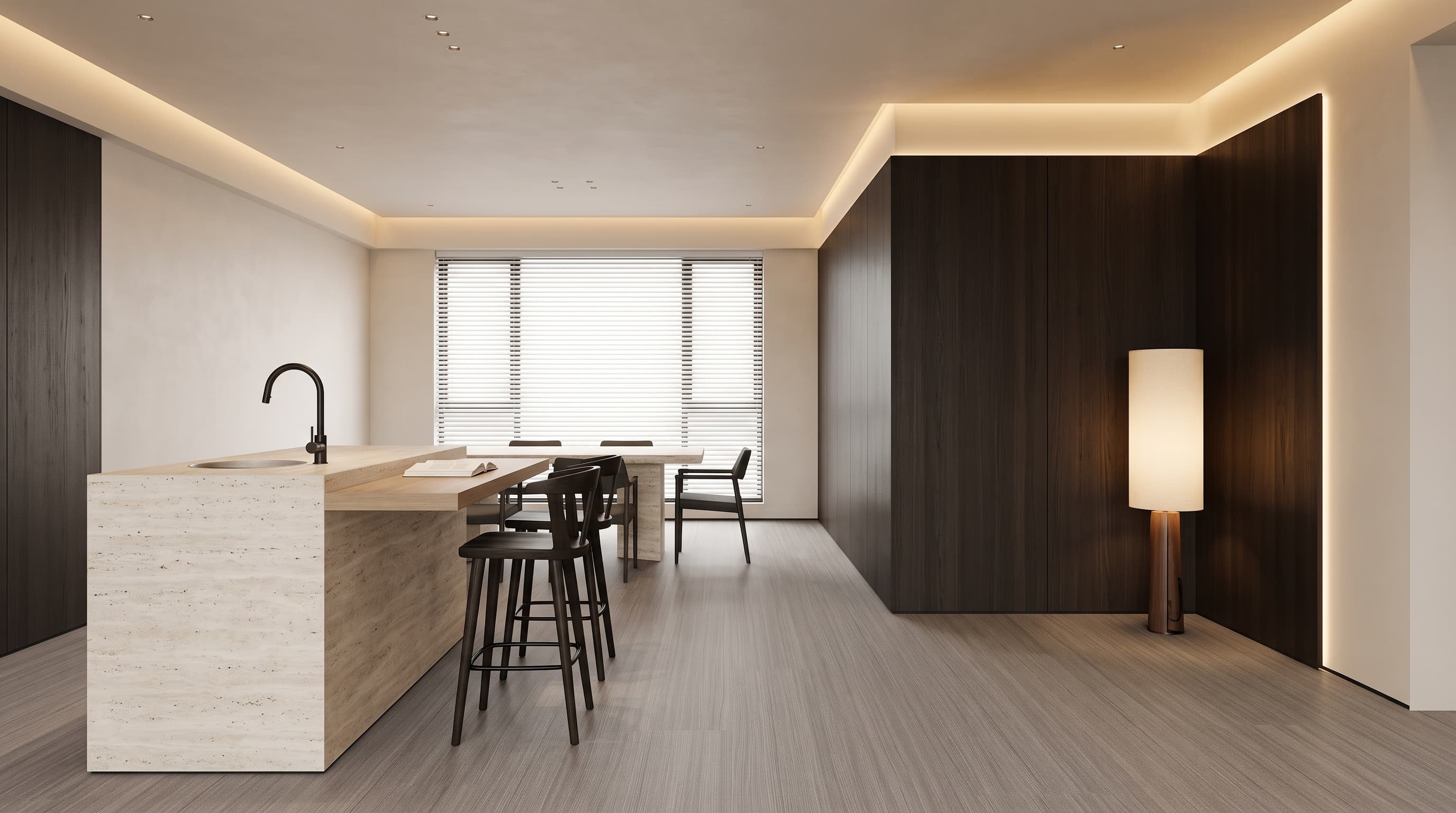 Cool grey Zither Oak flooring and furniture surfaces creating a calm, structured minimalist interior