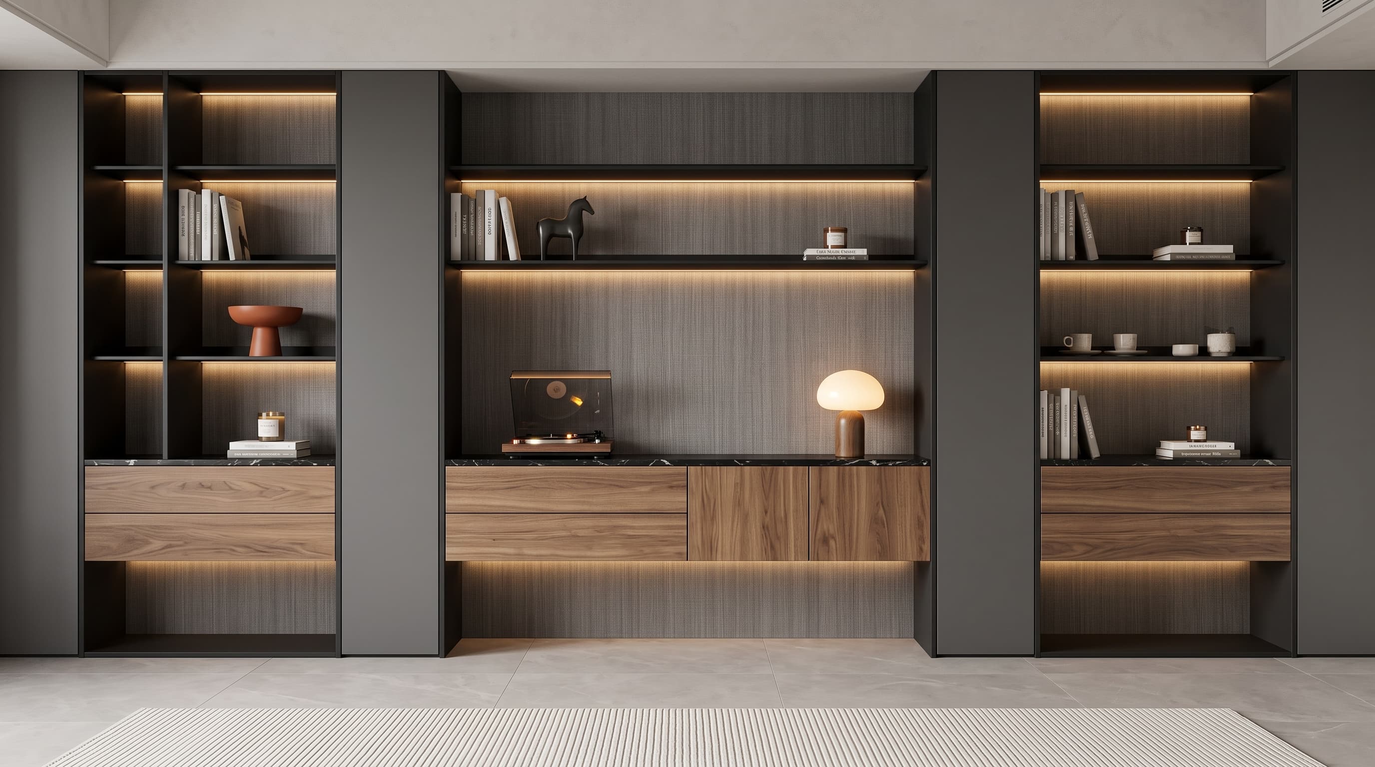 Cool grey Zither Oak flooring and furniture surfaces creating a calm, structured minimalist interior