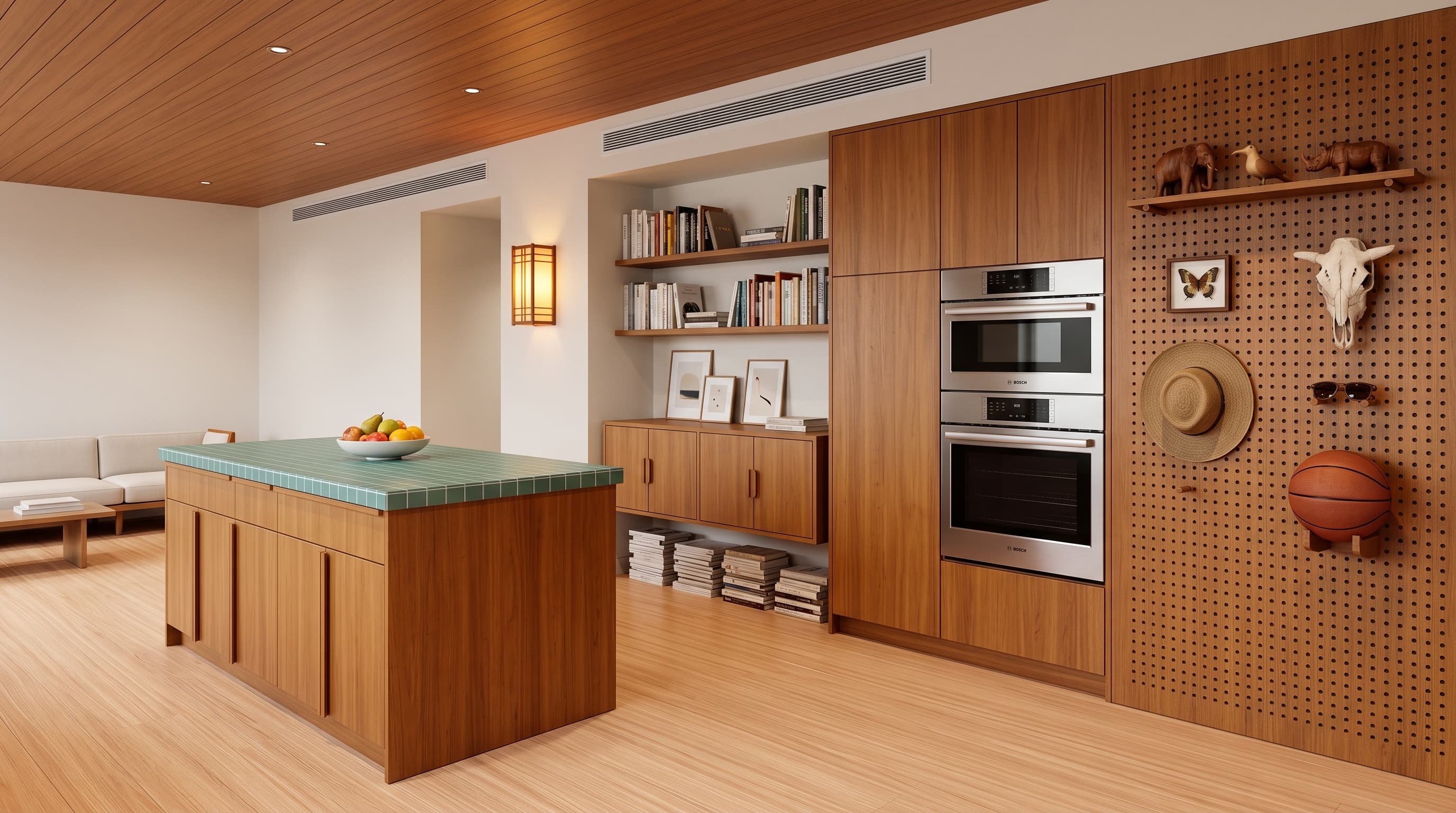 Bright minimalist interior featuring Mandalay Teak flooring in pale warm beige tones with refined linear wood grain