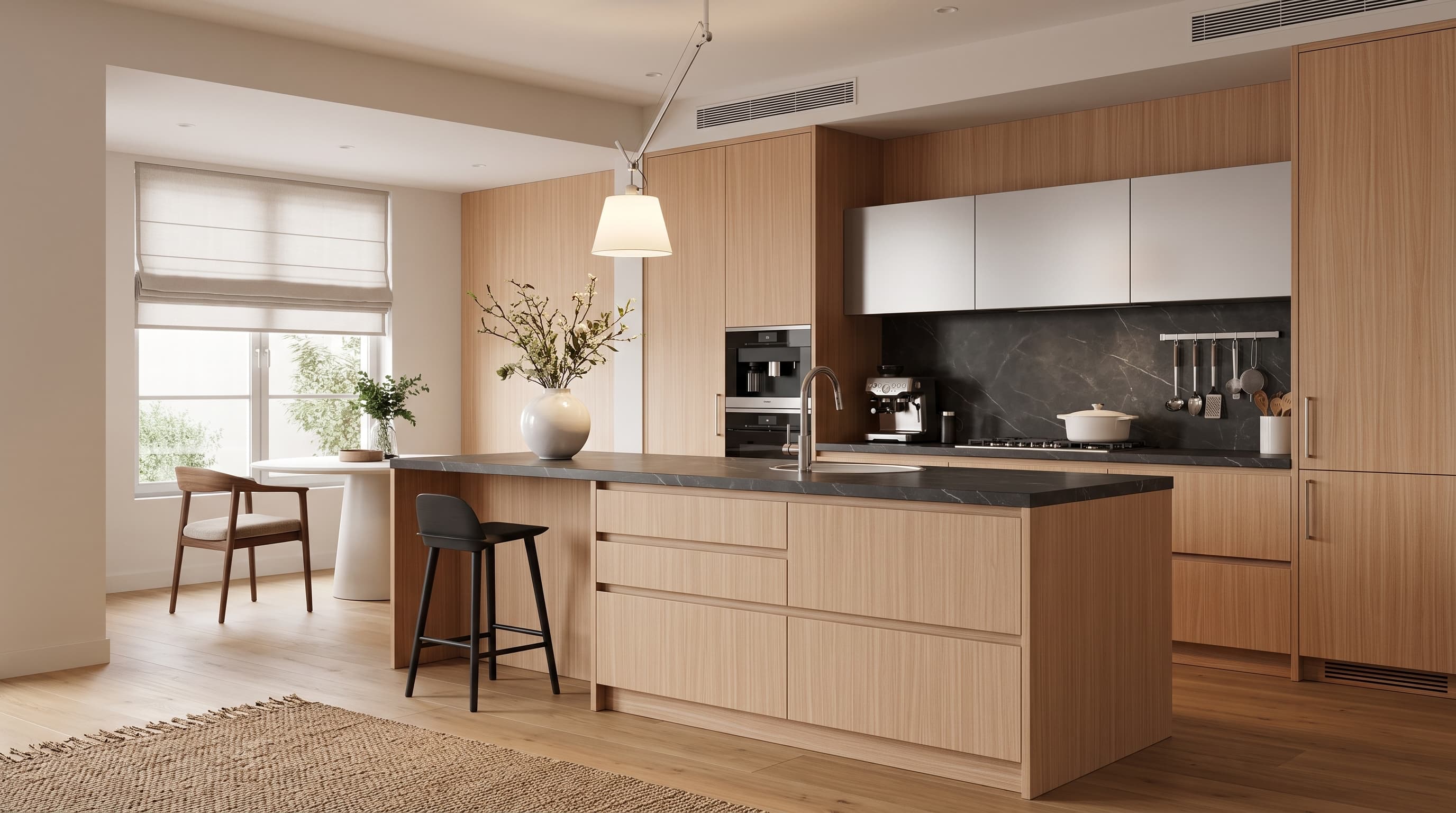 Bright minimalist interior featuring Mandalay Teak flooring in pale warm beige tones with refined linear wood grain