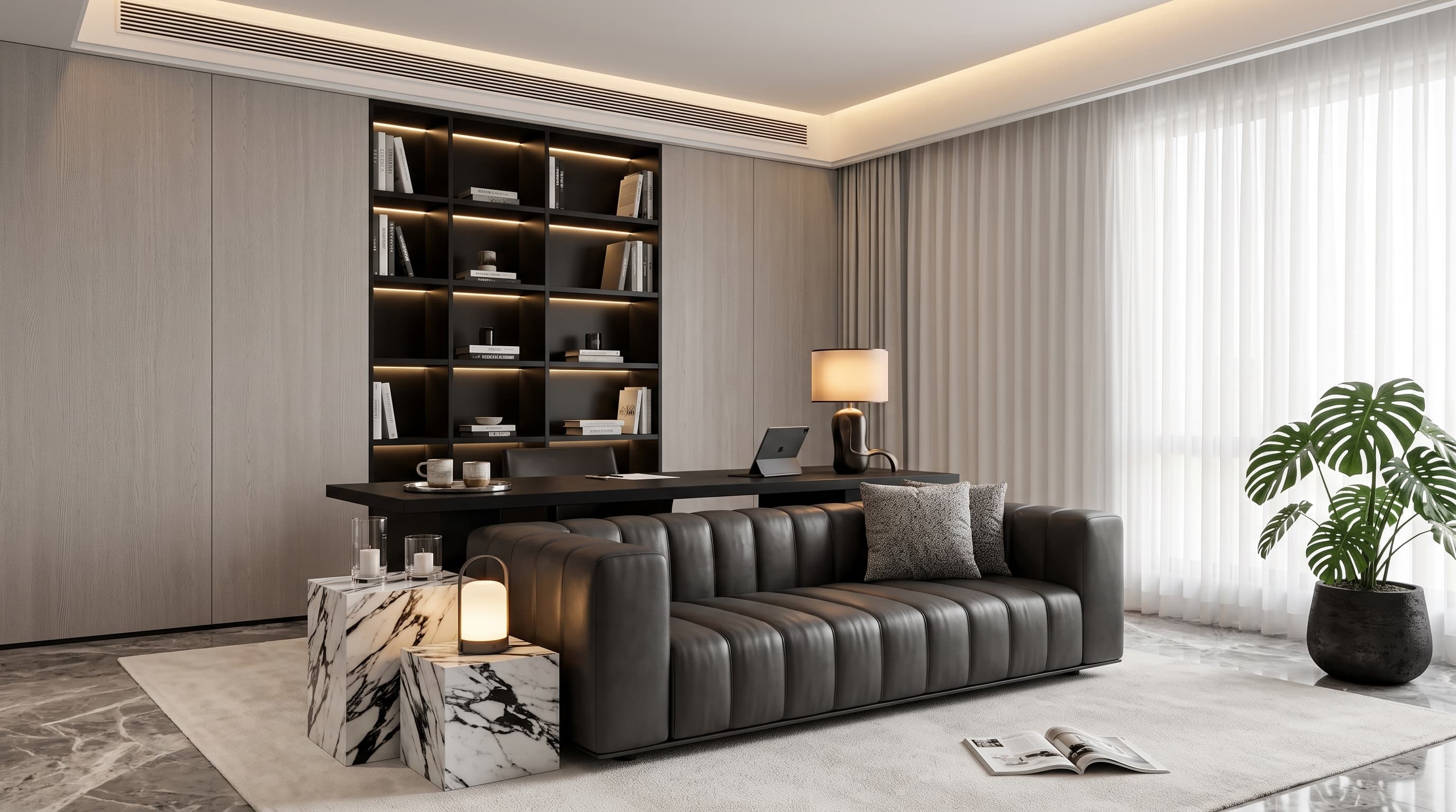 Modern minimalist interior featuring Mauperson Oak flooring in soft greige tones with refined straight wood grain