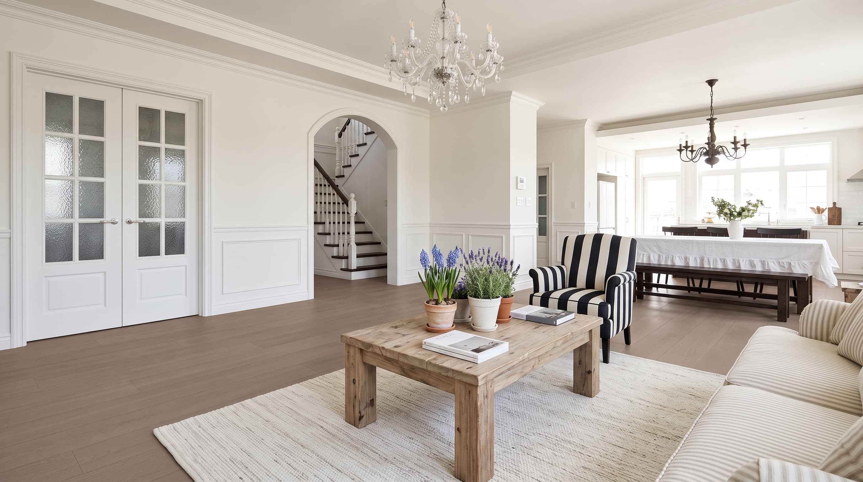 Modern minimalist interior featuring Mauperson Oak flooring in soft greige tones with refined straight wood grain