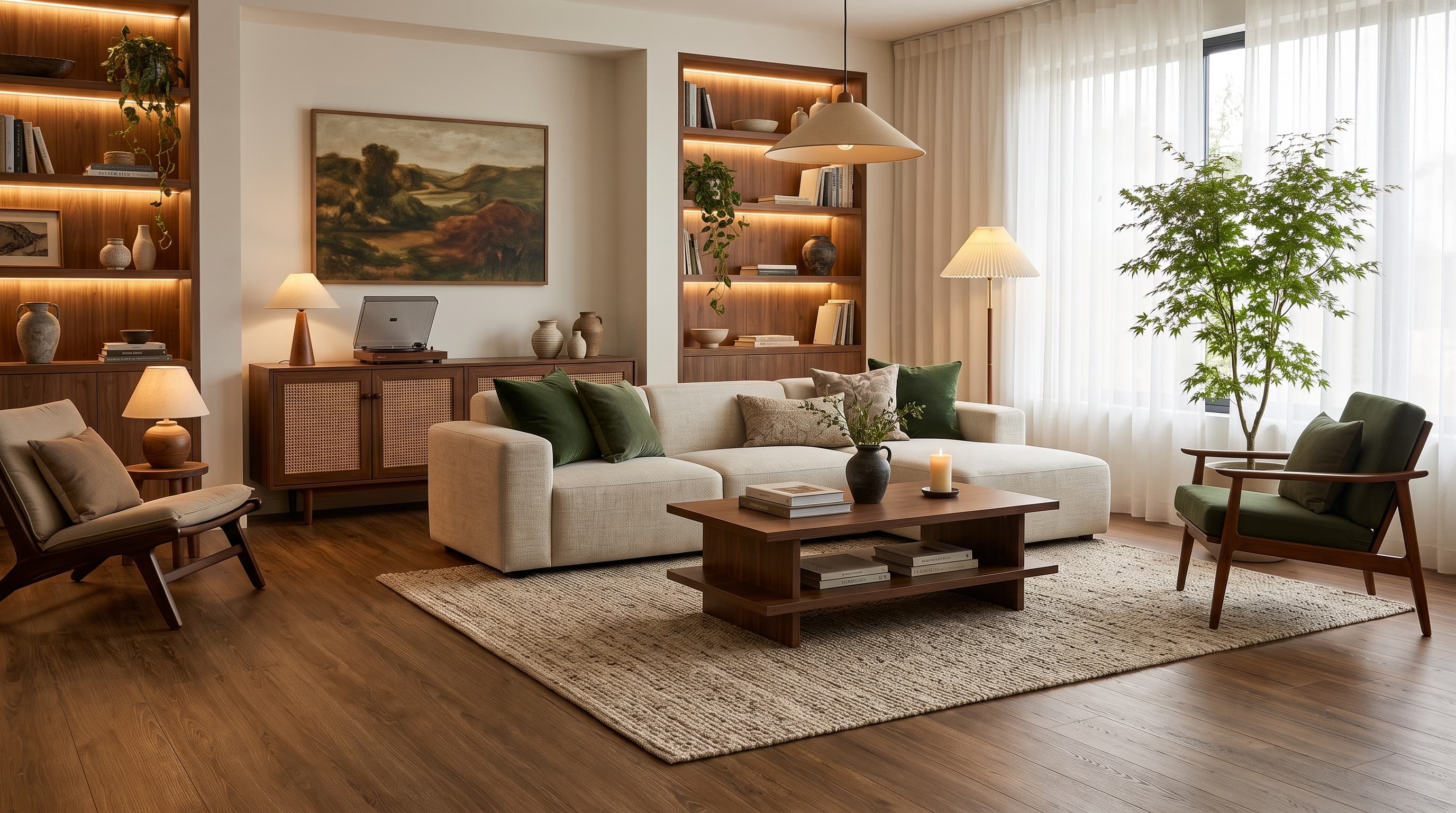 Amber-brown Garcia Oak flooring adding rich warmth and grounded elegance to a modern interior