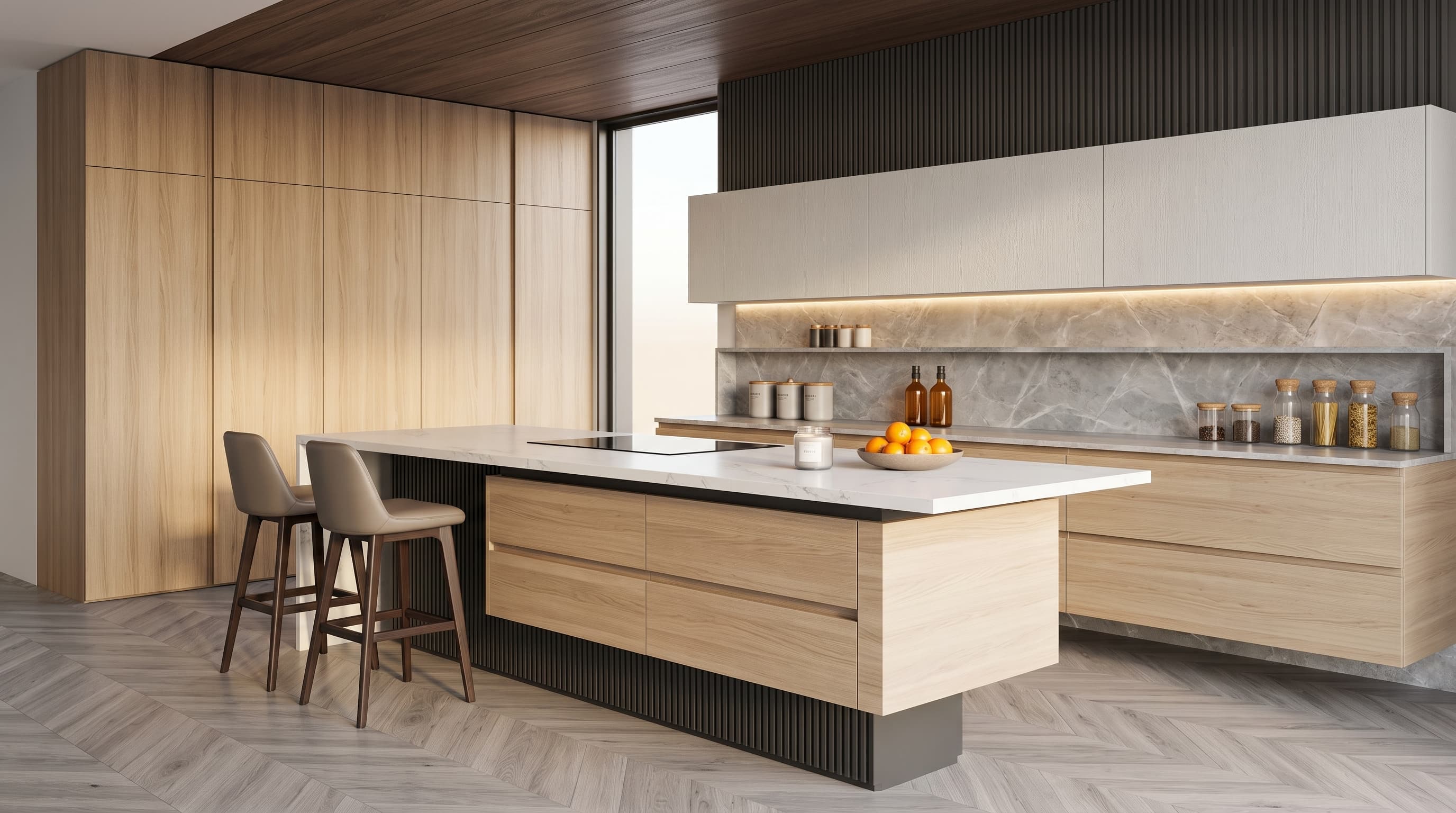 Modern light-luxury living room featuring cool greige Light Luxury Parquetry flooring arranged in an elegant chevron pattern.