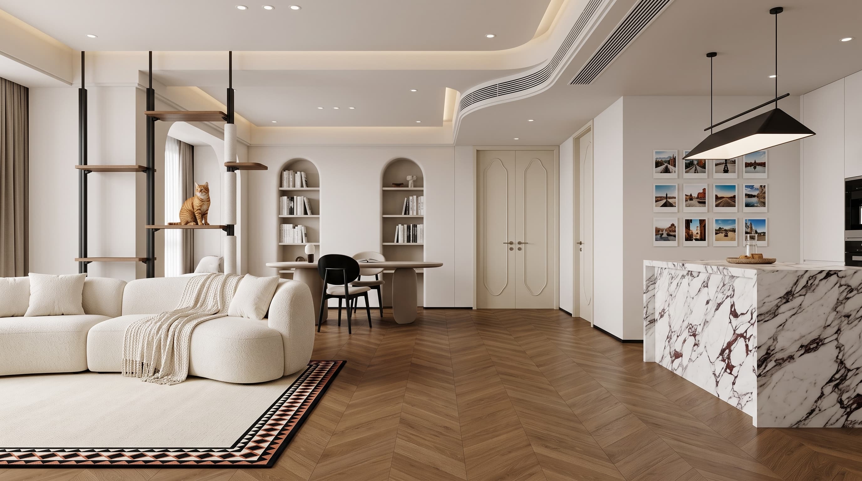 Warm contemporary dining room featuring caramel-brown Light Luxury Parquetry flooring with a refined chevron layout.