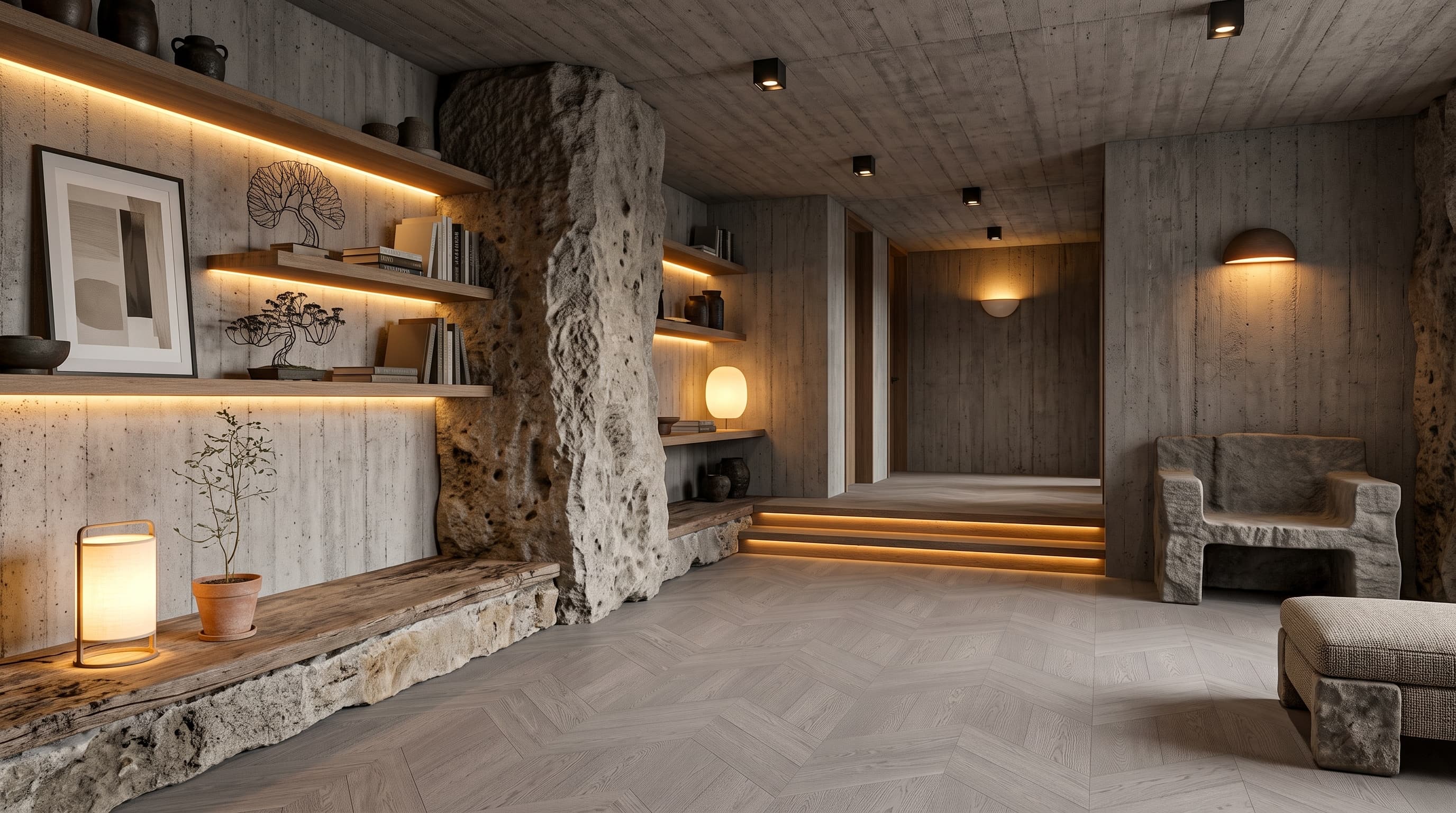 Modern living room with cool gray Granada Oak Parquetry flooring, where oversized chevron lines create depth, rhythm and a refined architectural look.