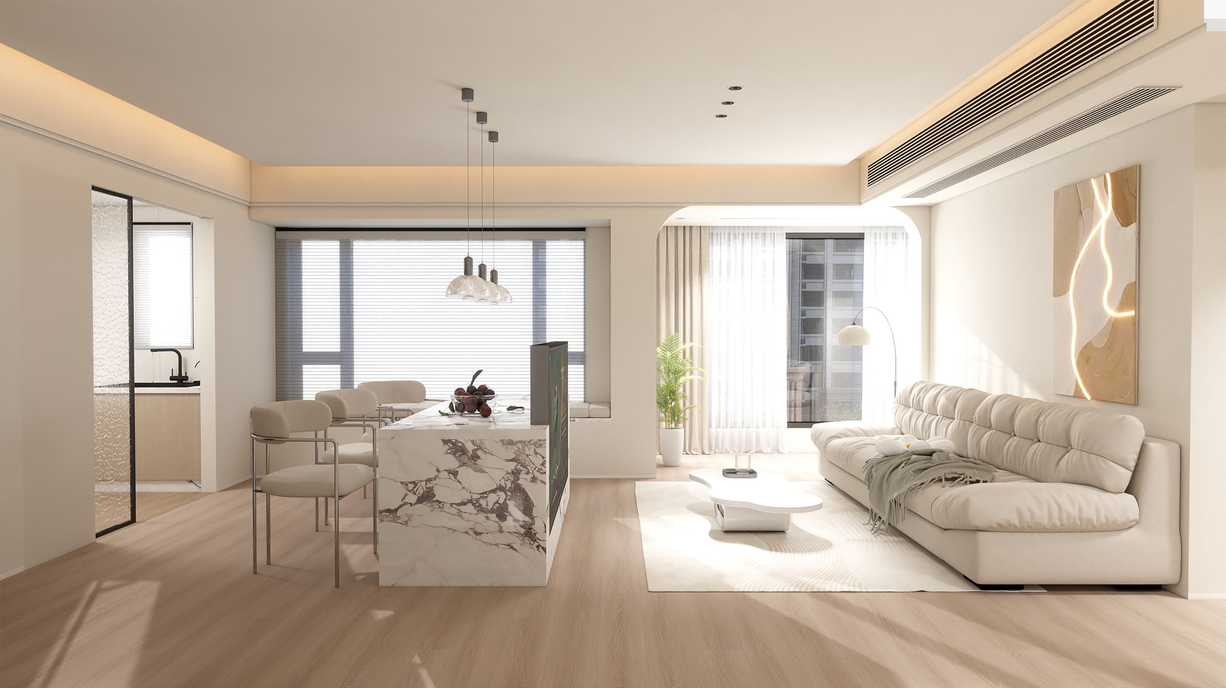 Bright Scandinavian interior featuring light greige Canterbury Oak flooring with soft whitewashed grain and an airy natural appearance