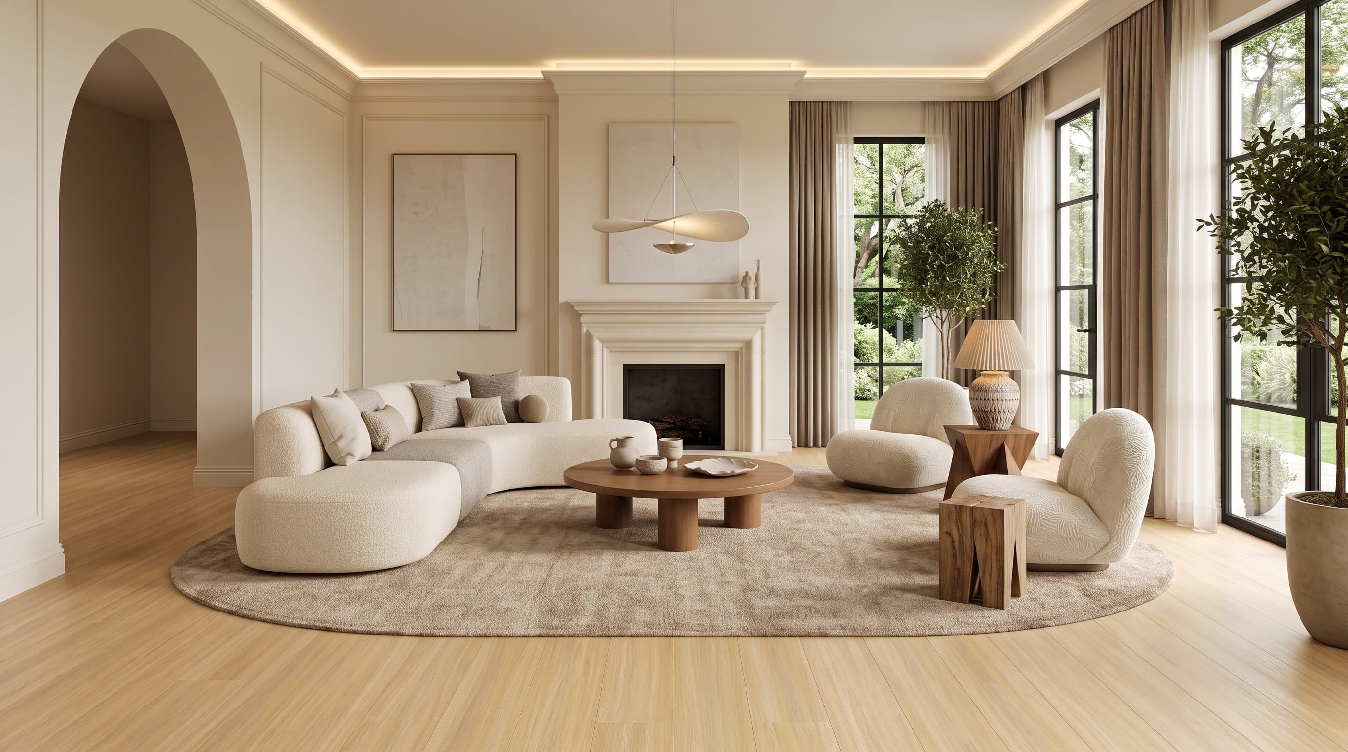 Contemporary interior with Panlupo Oak natural light wood flooring and warm golden tones