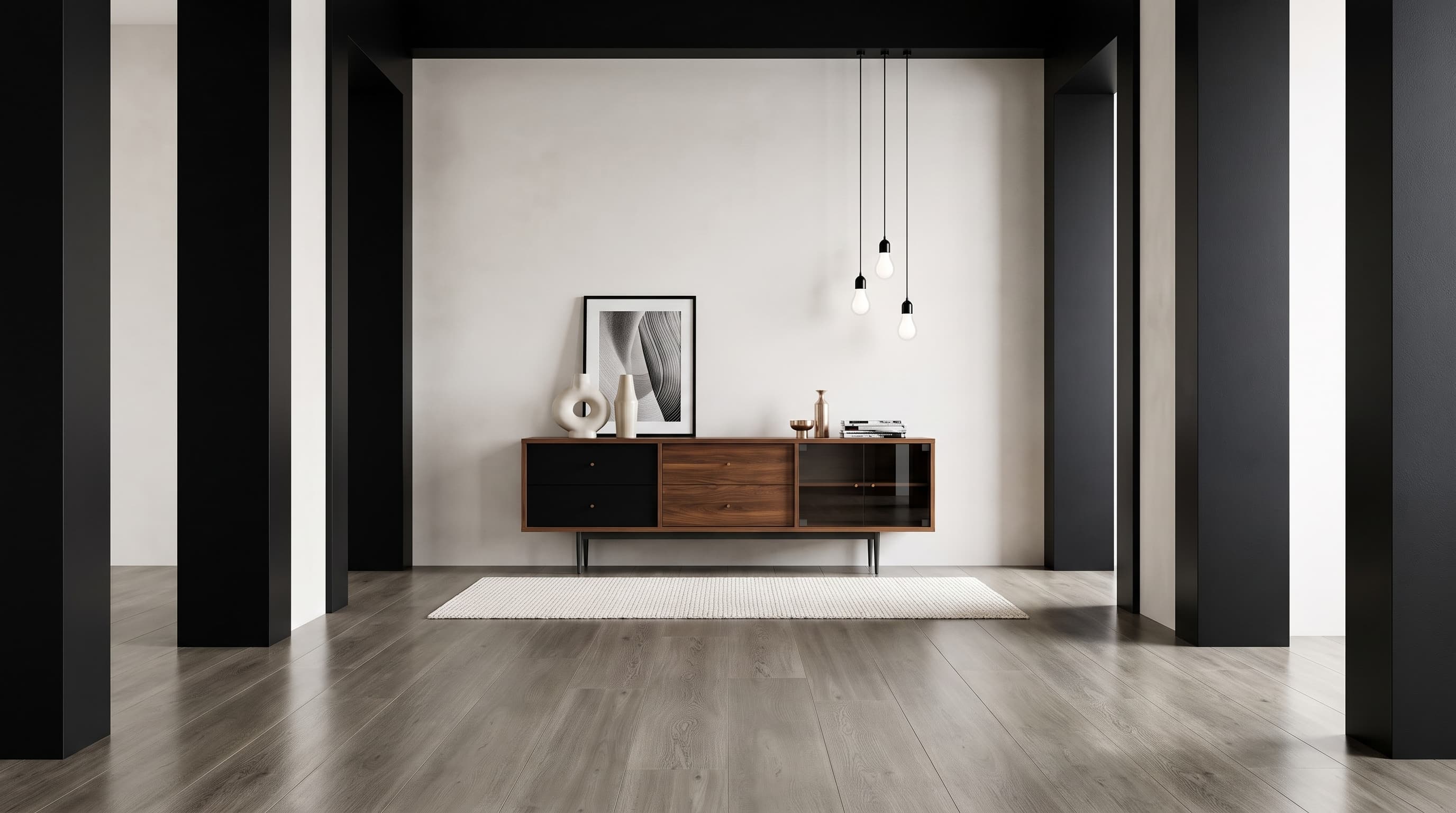 Modern interior featuring Zermatt Oak grey-brown flooring with natural oak grain and subtle knots