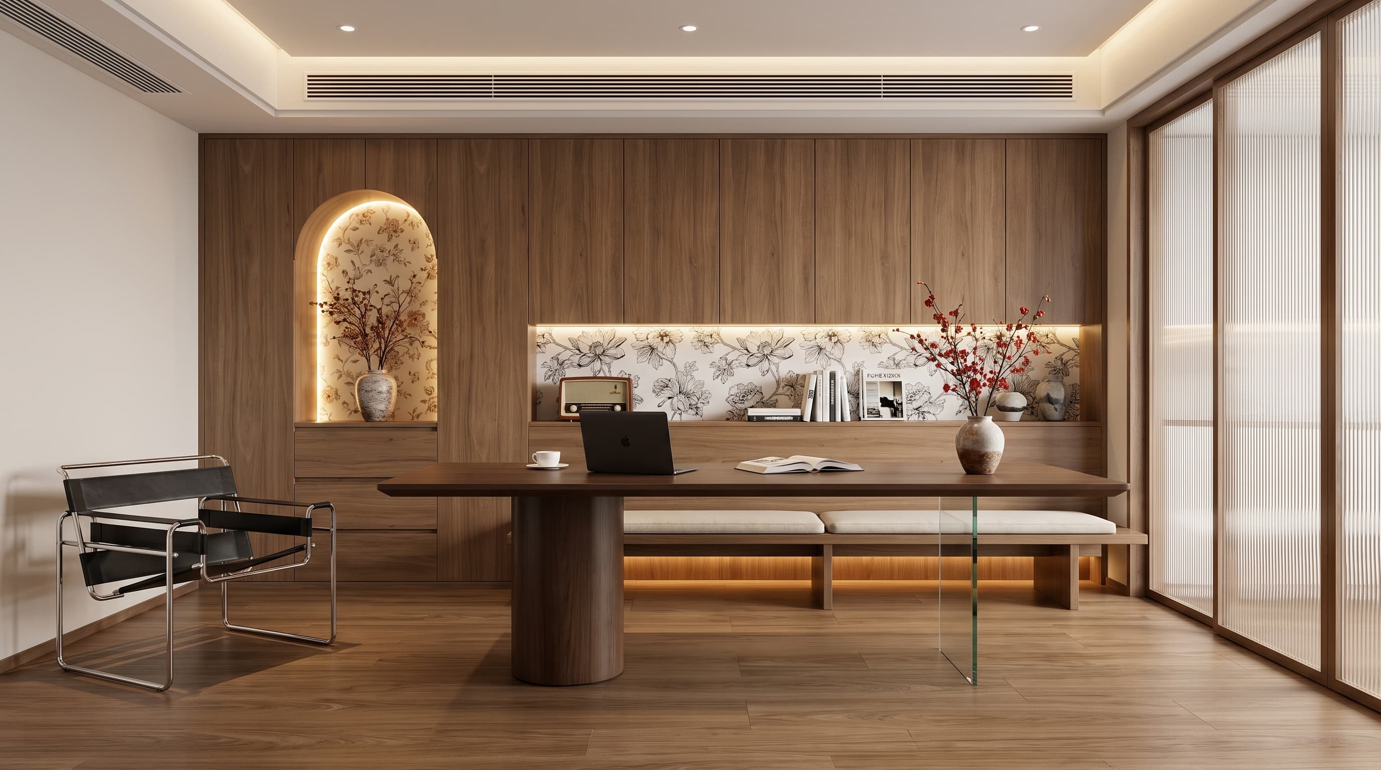 Contemporary interior with Kafka Walnut warm brown flooring and elegant natural walnut grain