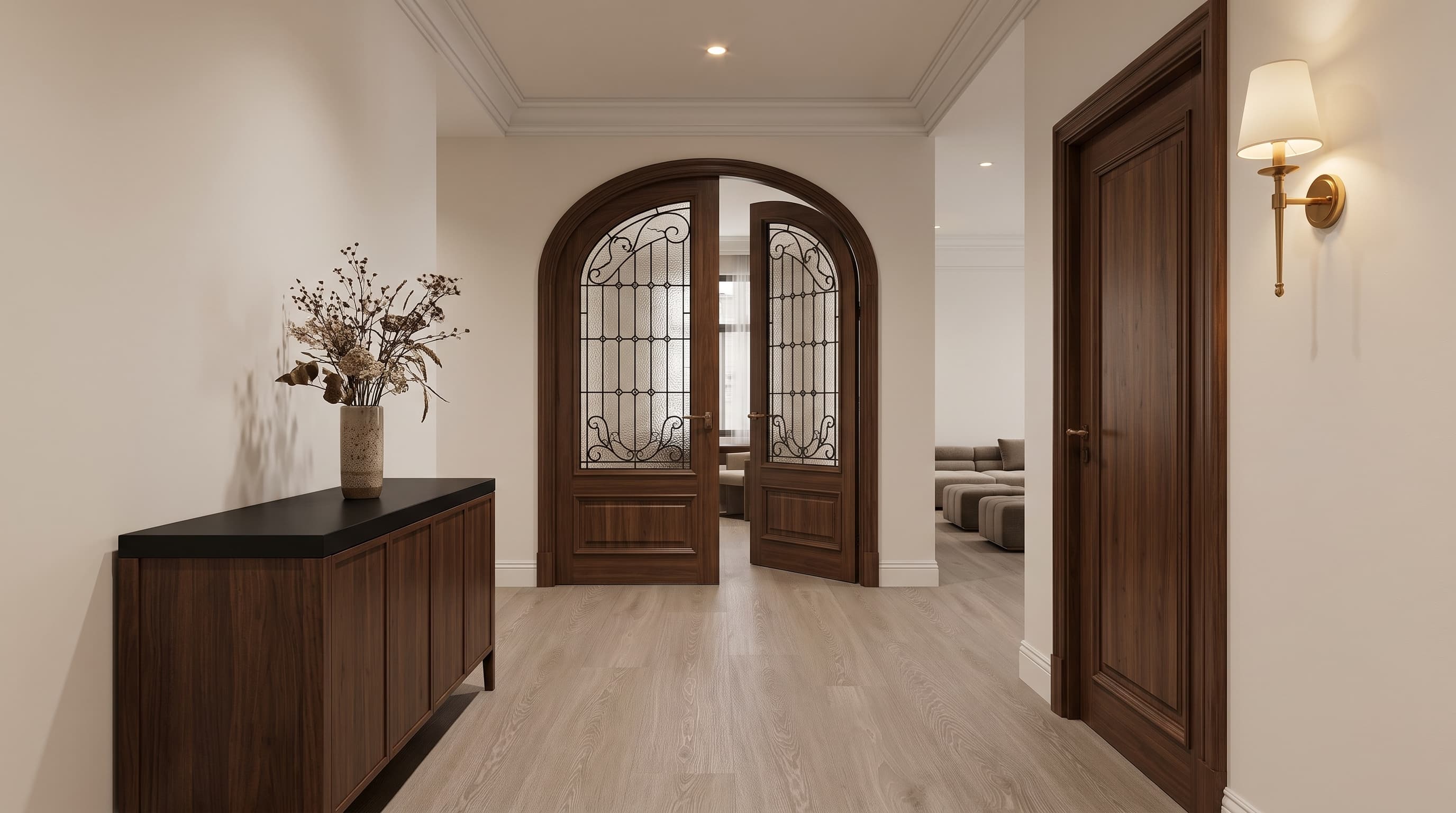 Japandi interior featuring Jingzhi Oak greige flooring with soft neutral tones and natural oak grain