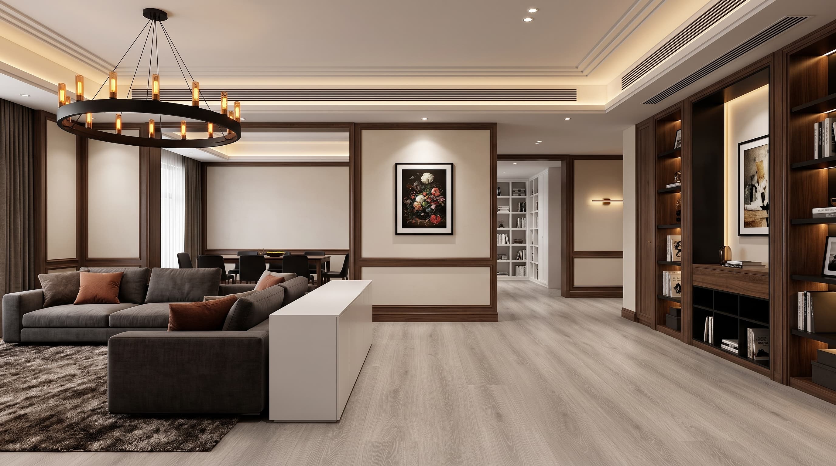 Bright Scandinavian interior featuring warm golden-beige Austen Oak flooring with delicate oak grain and a welcoming natural atmosphere