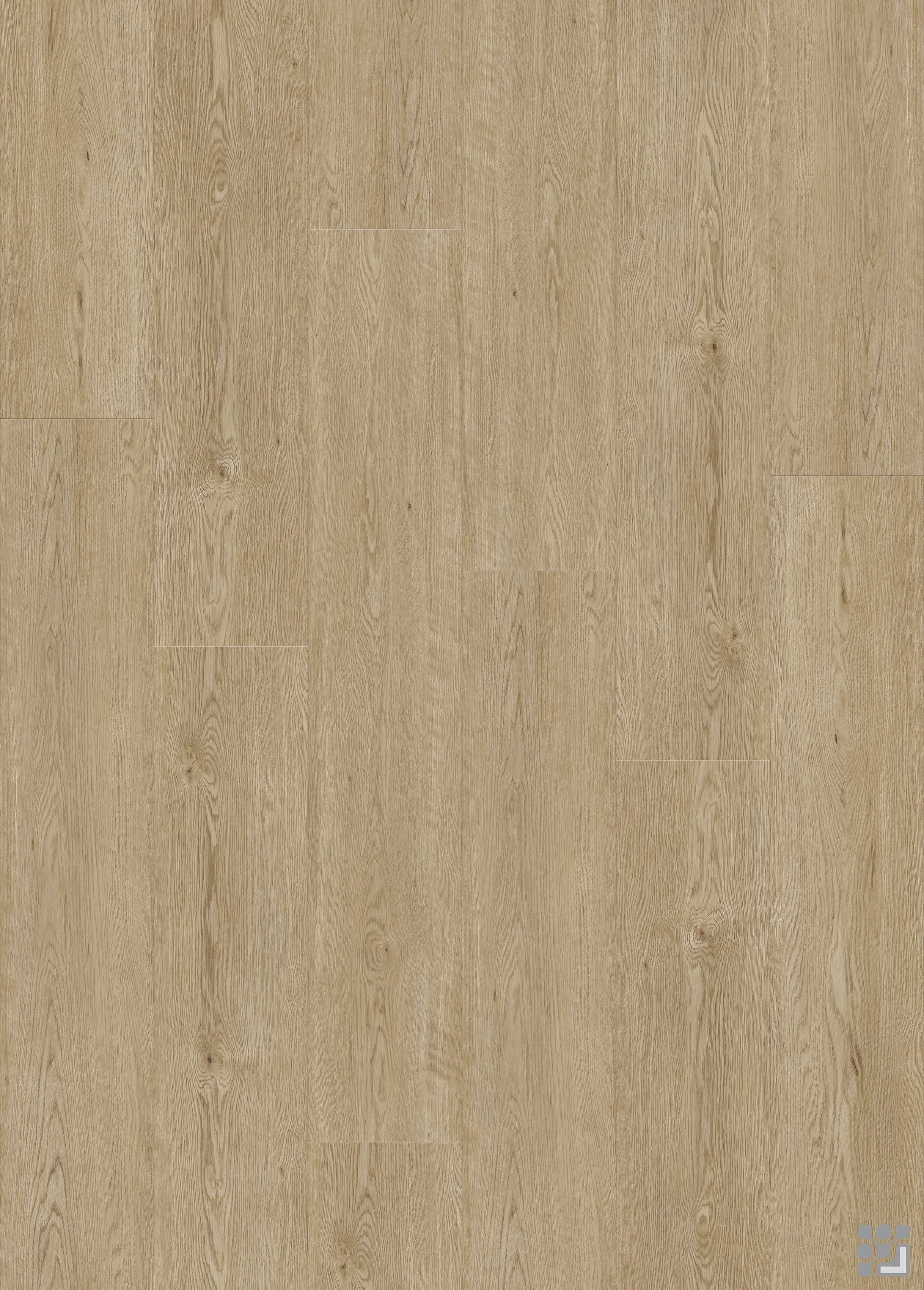 Warm taupe-brown Morante Oak flooring decorative paper with fine linear grain, slender cathedral figures, subtle knots and a clean long-plank layout