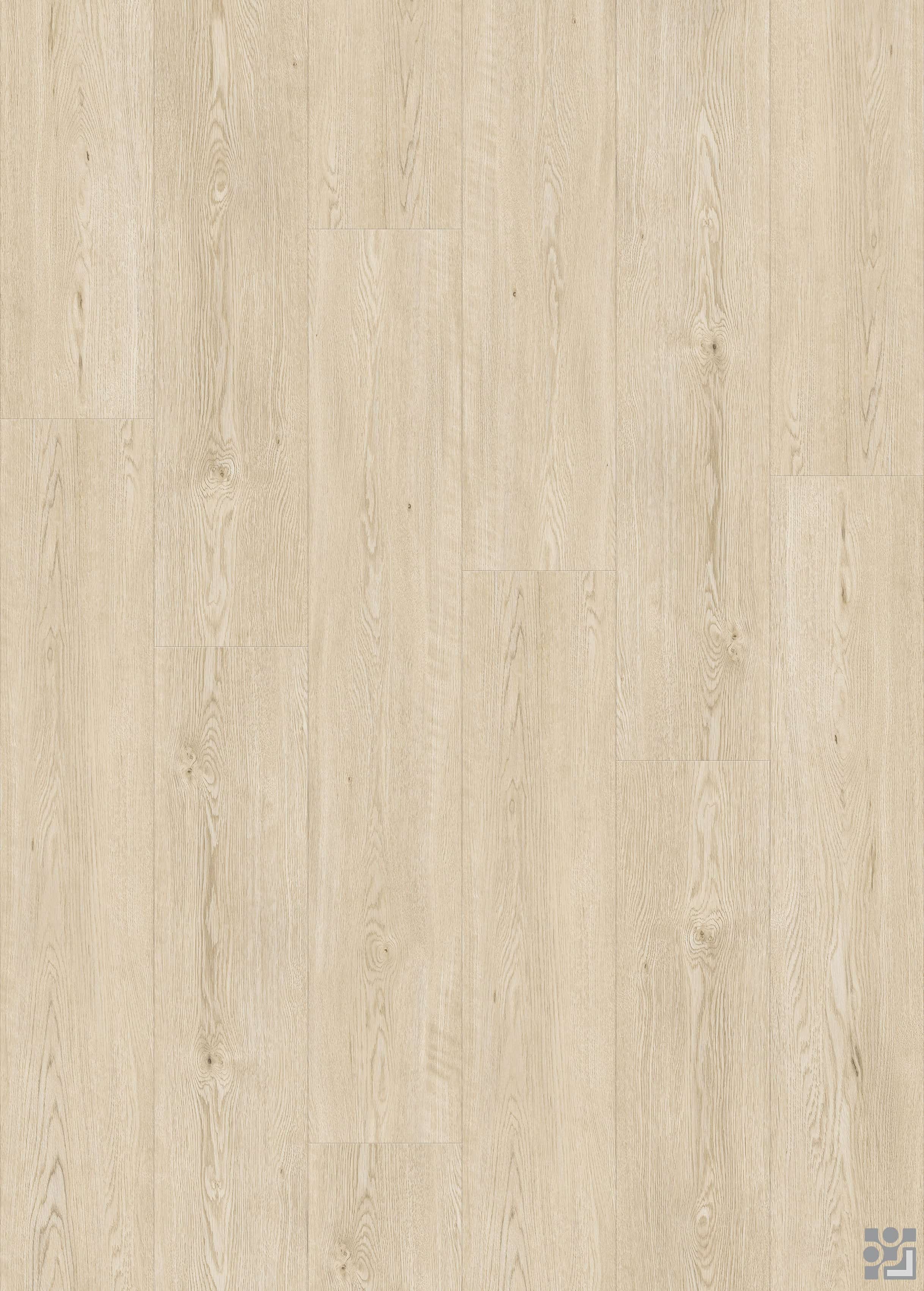 Pale sand-beige Morante Oak flooring decorative paper with delicate straight grain, soft cathedral figures, sparse knots and a clean long-plank layout